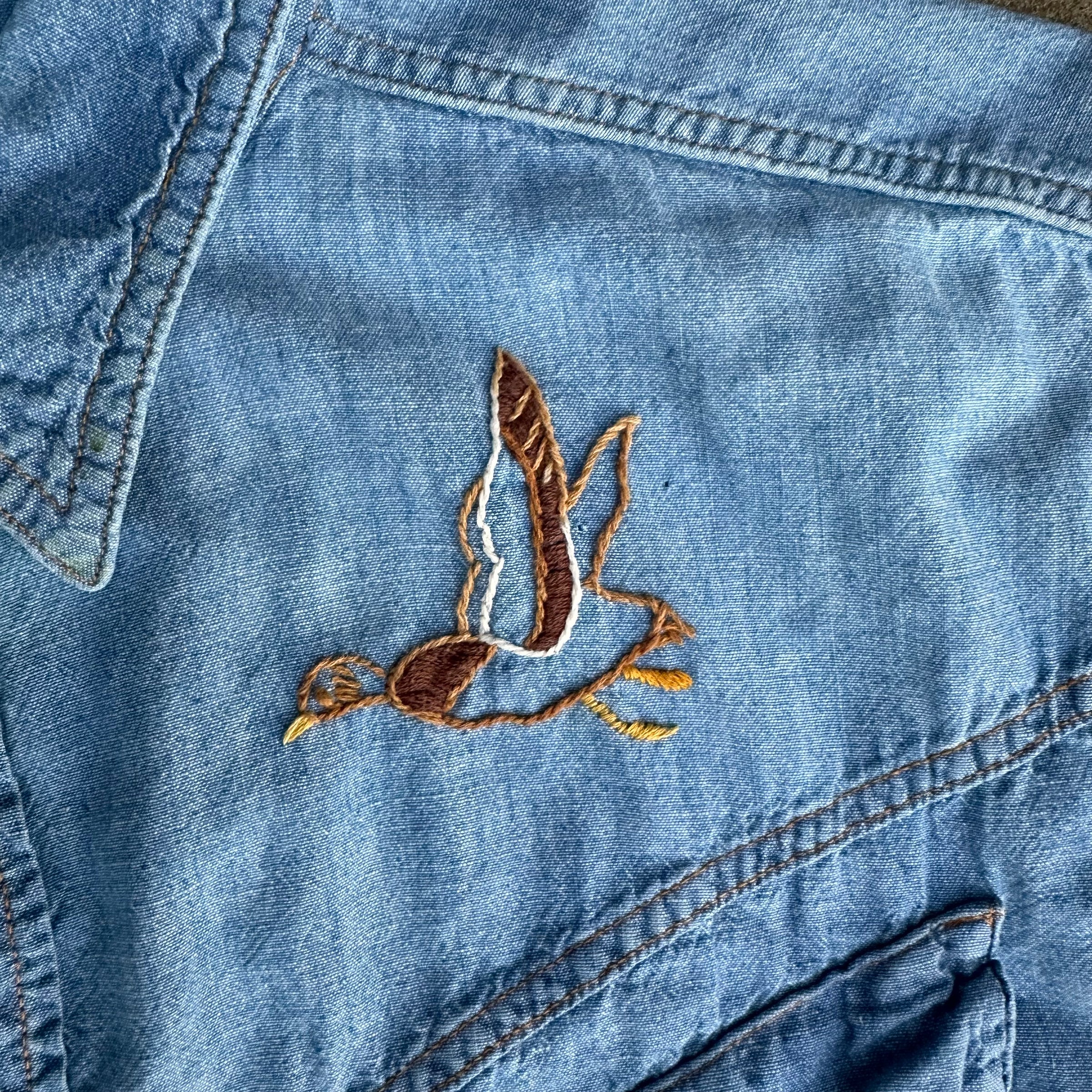 1960’s Embroidered Roebucks Chambray Western Shirt Large