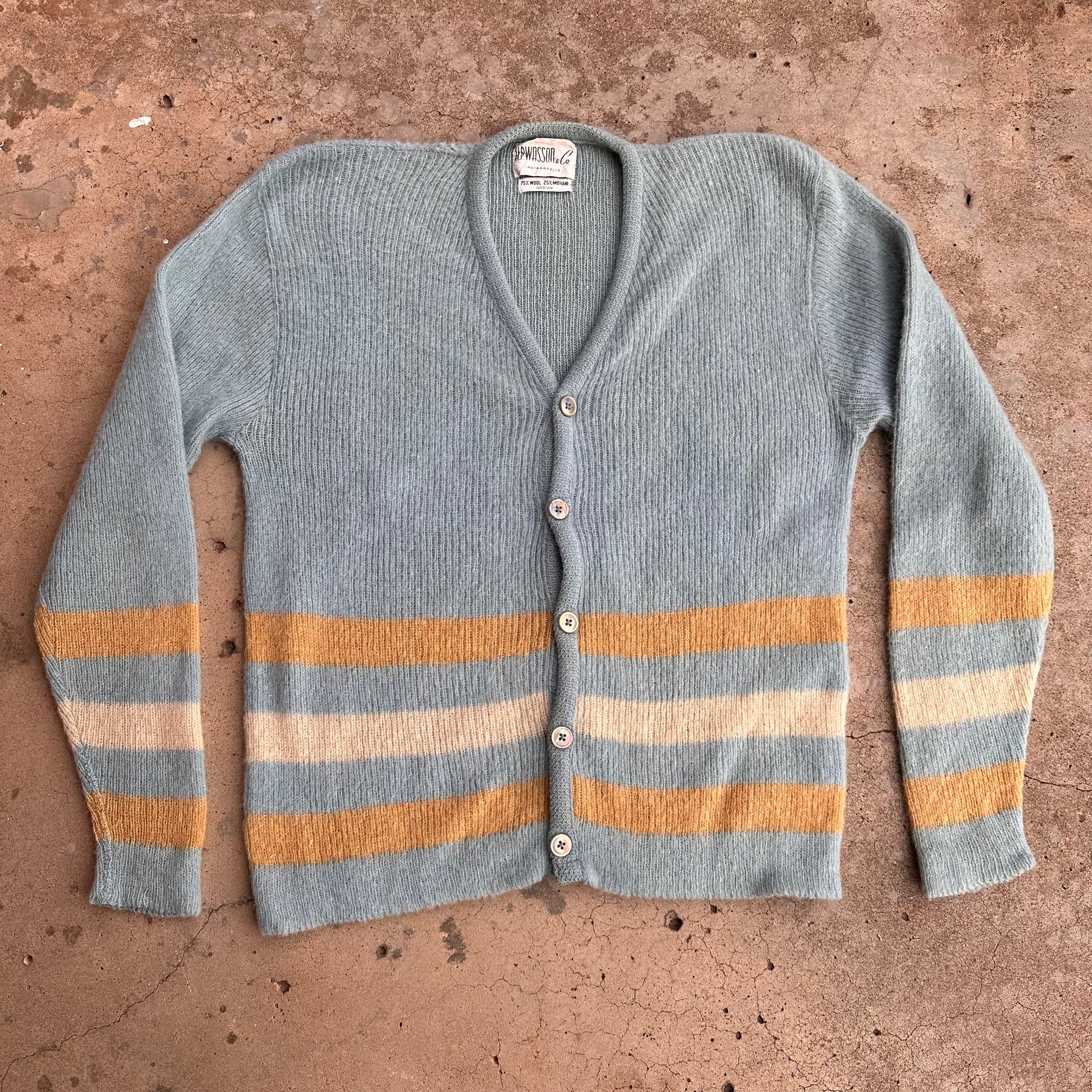 1960’s Light Blue Striped Mohair Cardigan Sweater Medium