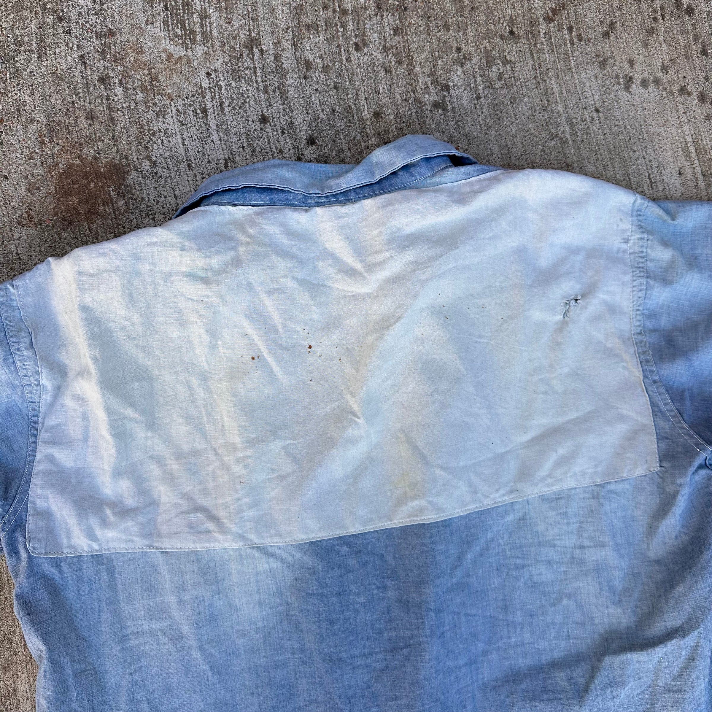 1950’s Powr House Repaired Chambray Work Shirt 26” Chest