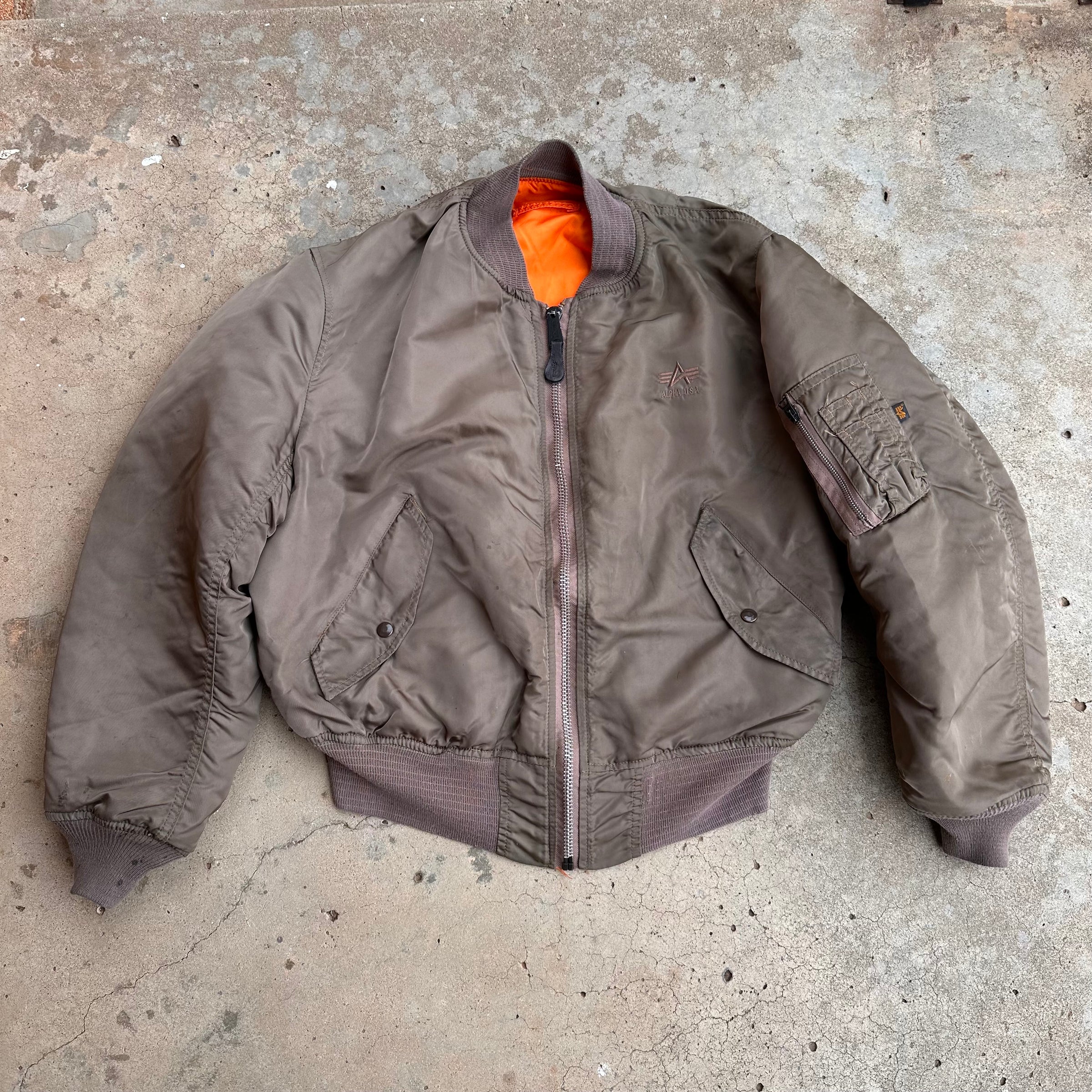 1990’s Alpha Industries Brown Reversible MA-1 Flight Jacket Large 27” Chest