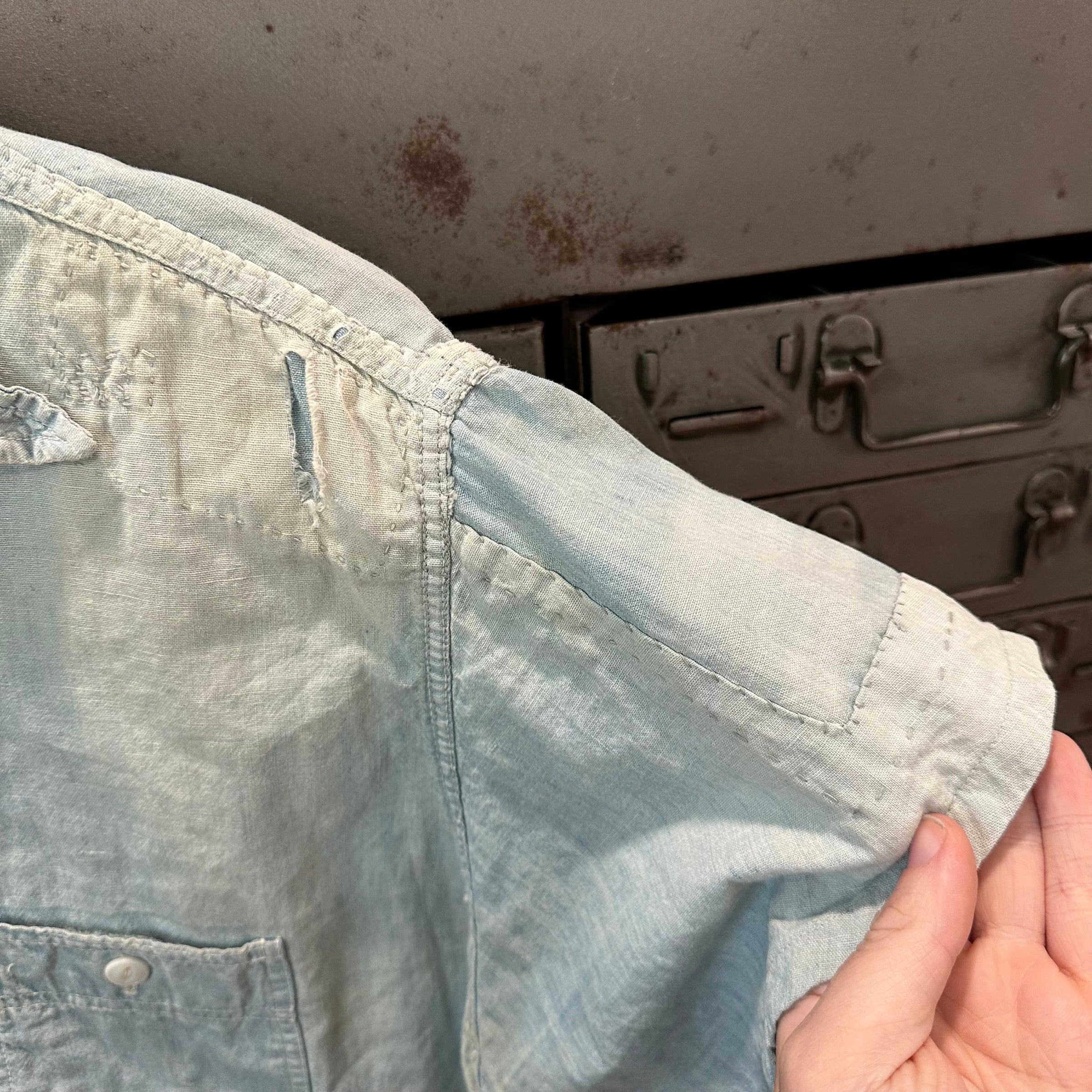 1950’s Repaired Chambray Work Shirt 22.5" Chest