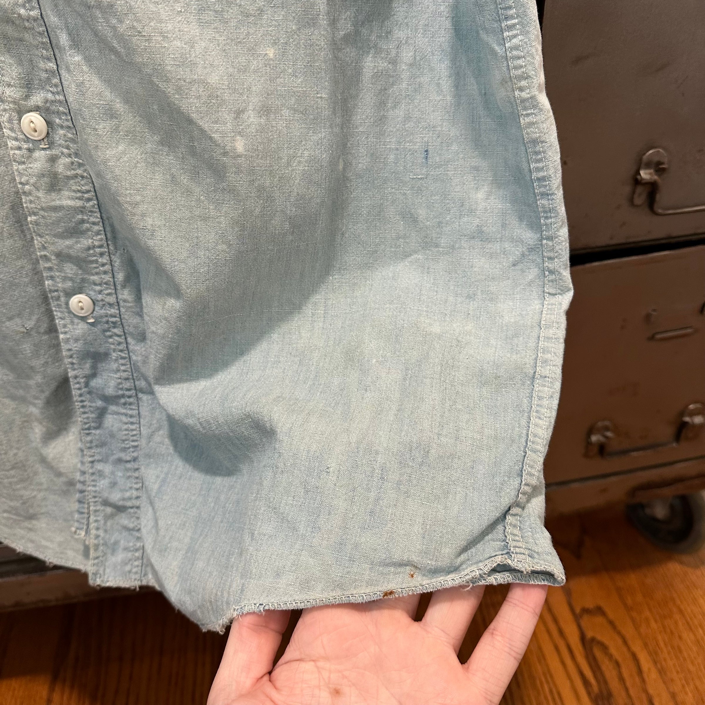 1950’s Repaired Chambray Work Shirt 22.5" Chest