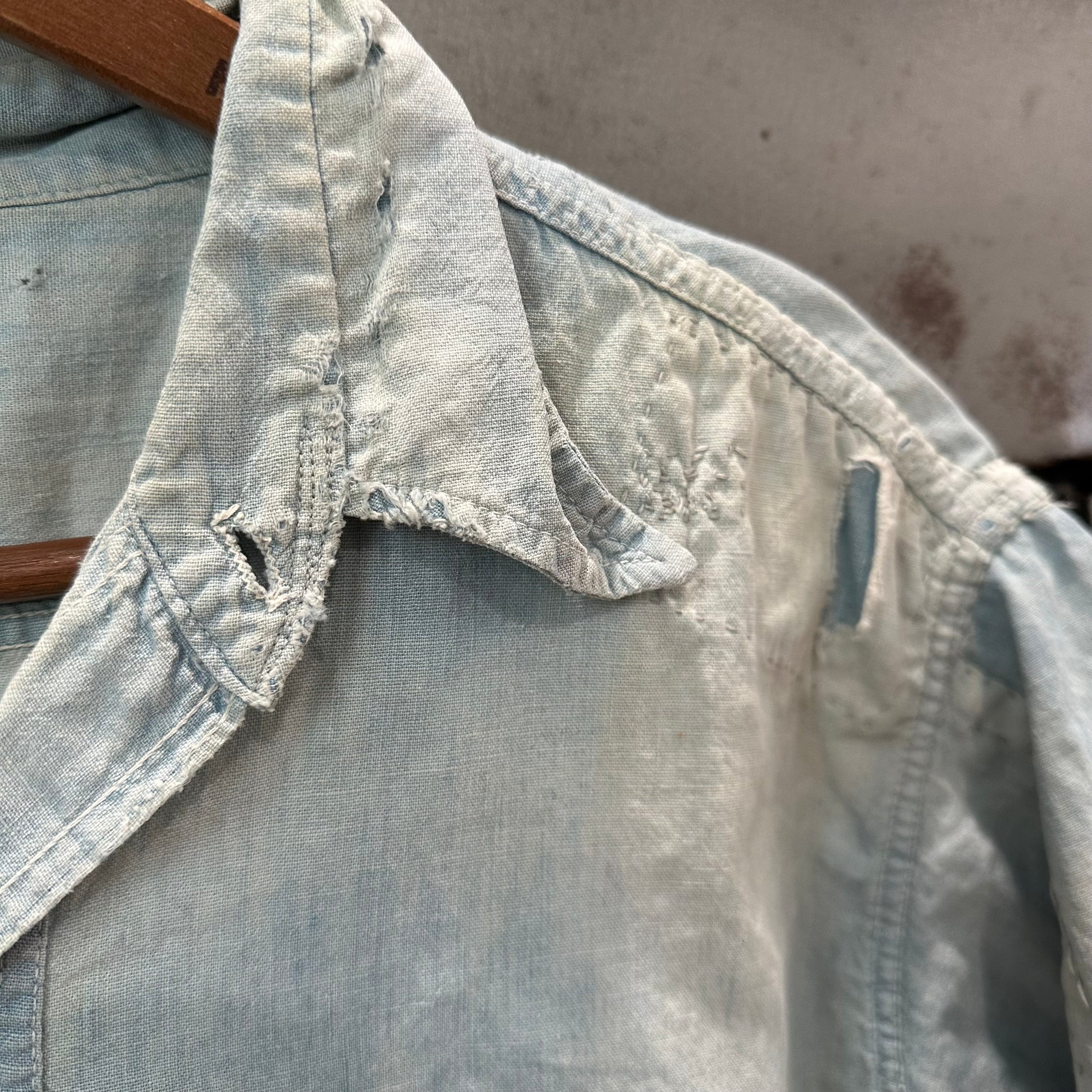 1950’s Repaired Chambray Work Shirt 22.5" Chest
