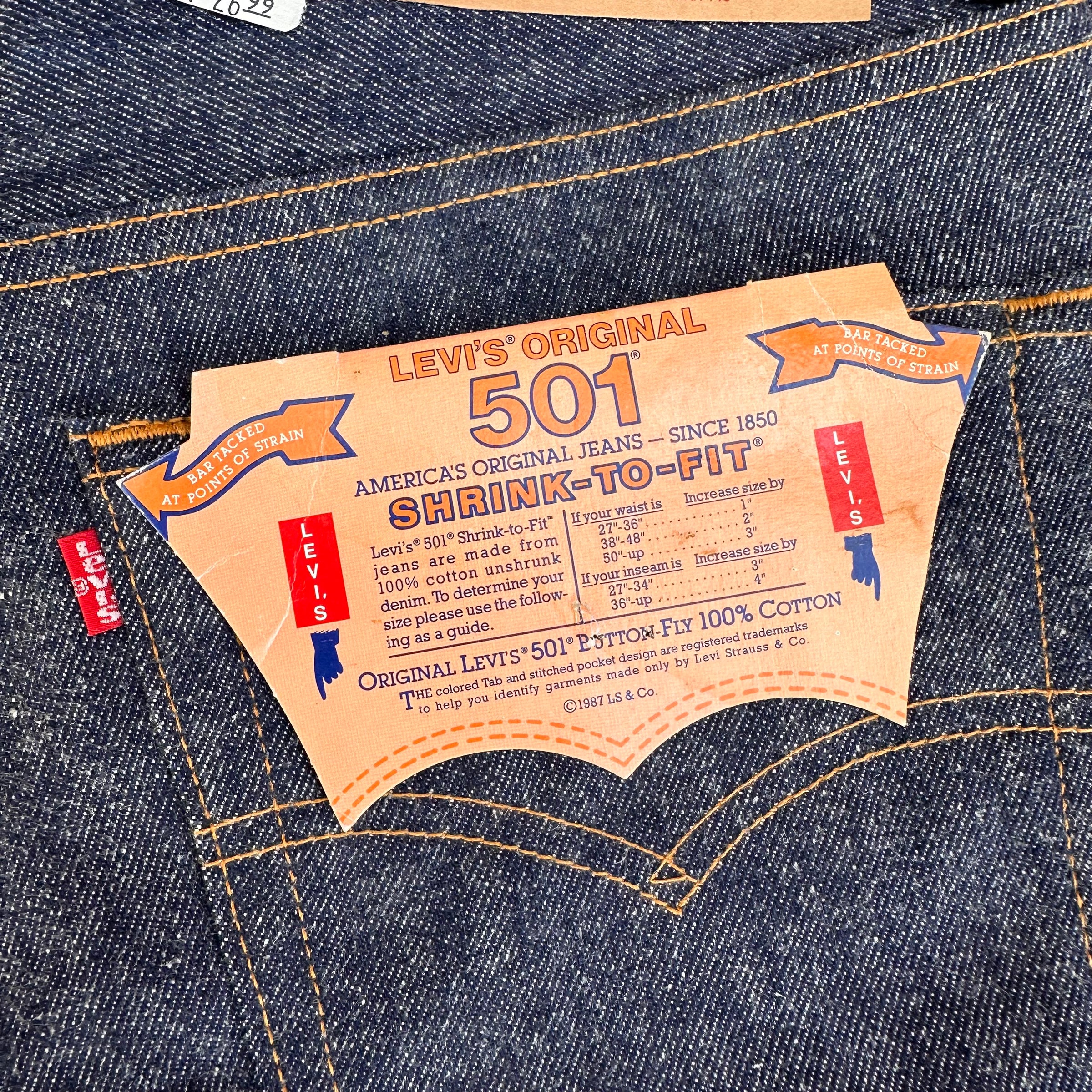 1990’s Deadstock MiUSA Levi’s 501 Shrink to Fit Denim Jeans Tagged 31” x 36”