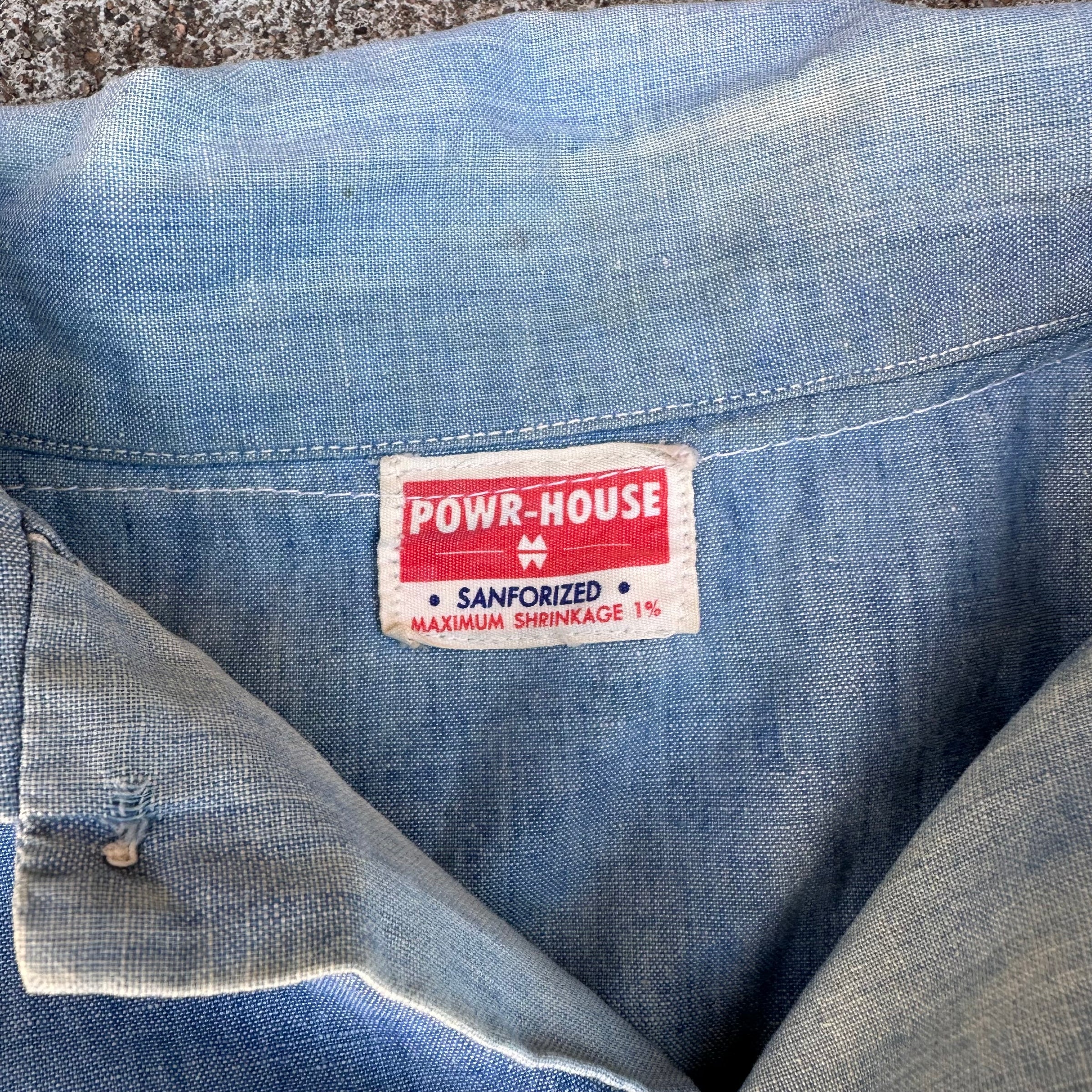 1950’s Powr House Repaired Chambray Work Shirt 26” Chest