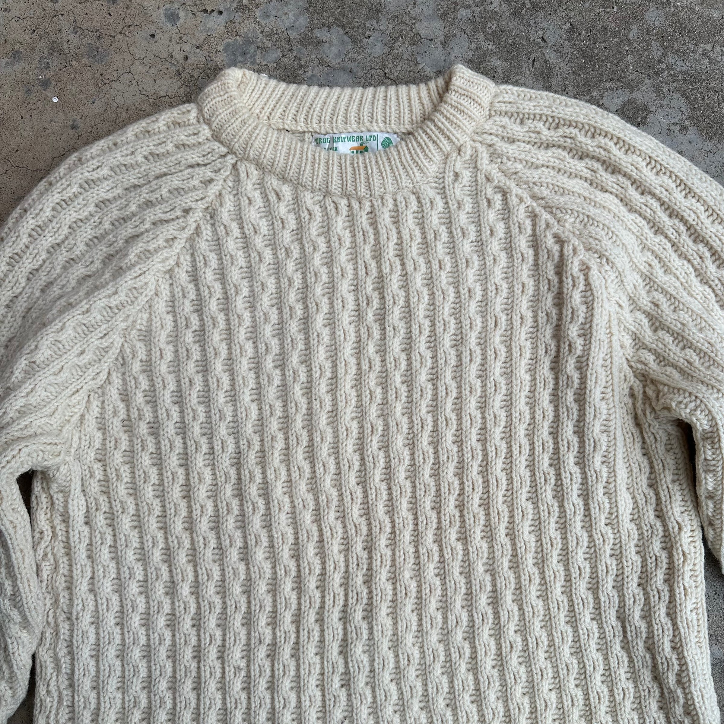 1980’s Trag Knitwear Cream Wool Fisherman Aran Sweater Medium