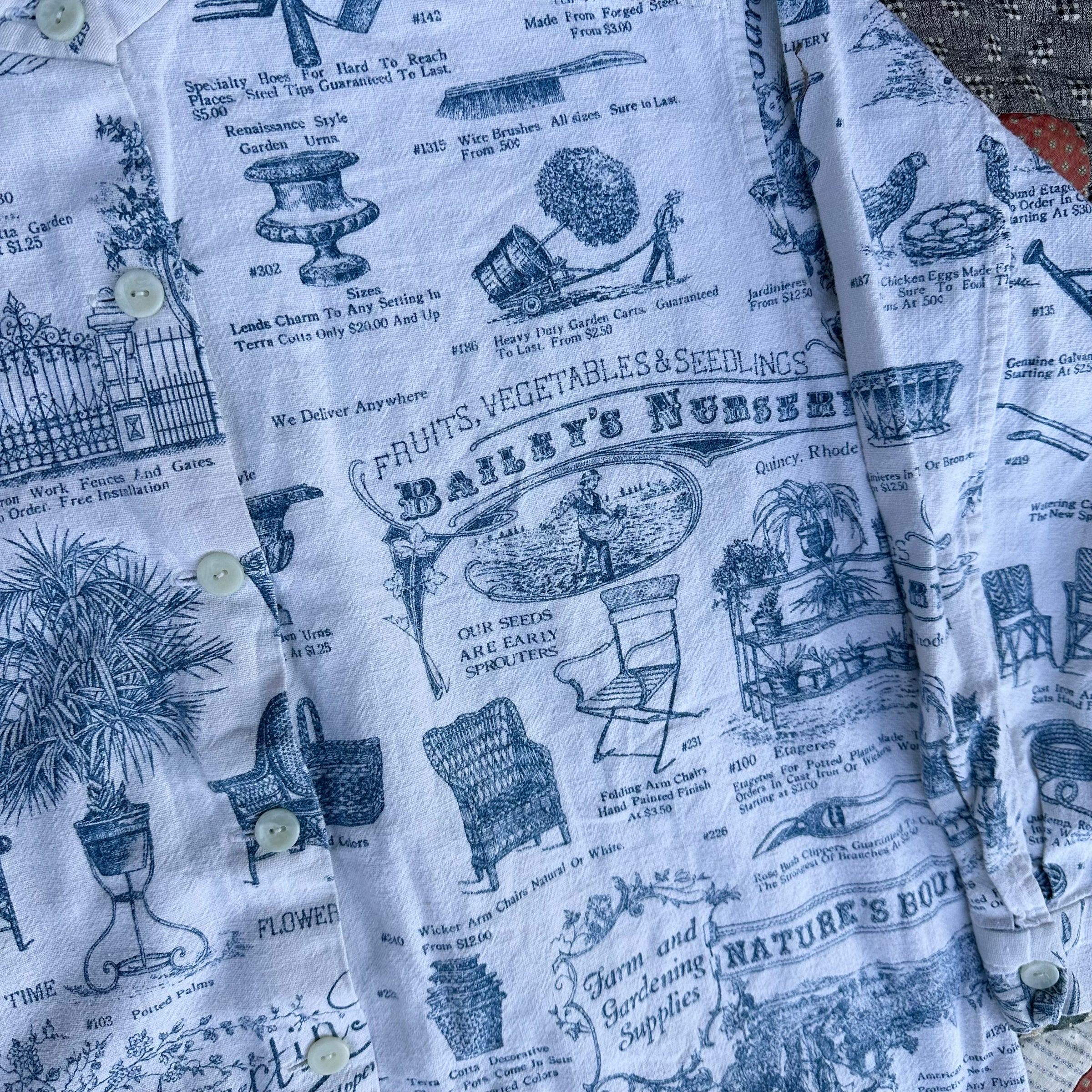 1970’s Banded Collar Antique Brochure Print Shirt 24” Chest