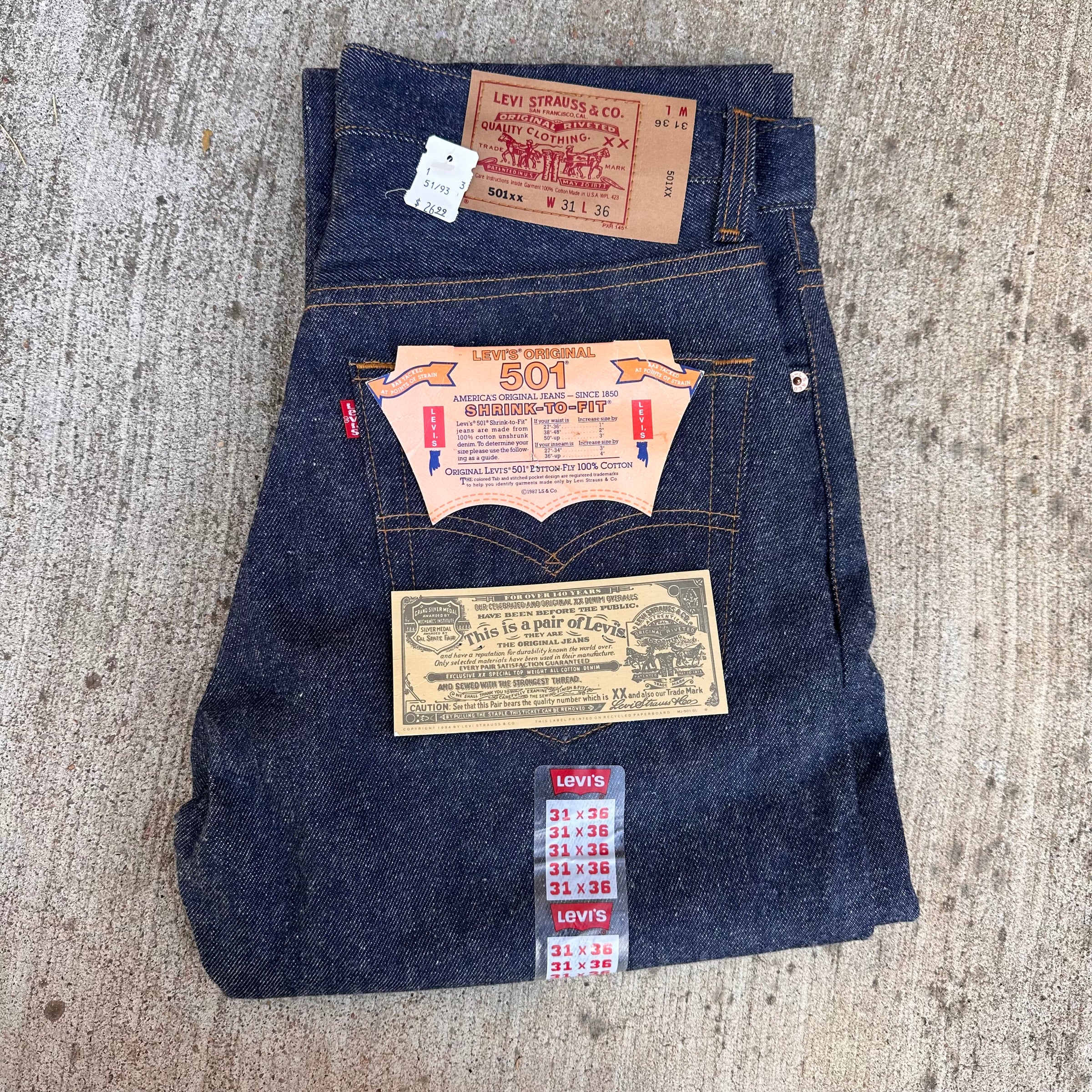 1990’s Deadstock MiUSA Levi’s 501 Shrink to Fit Denim Jeans Tagged 31” x 36”