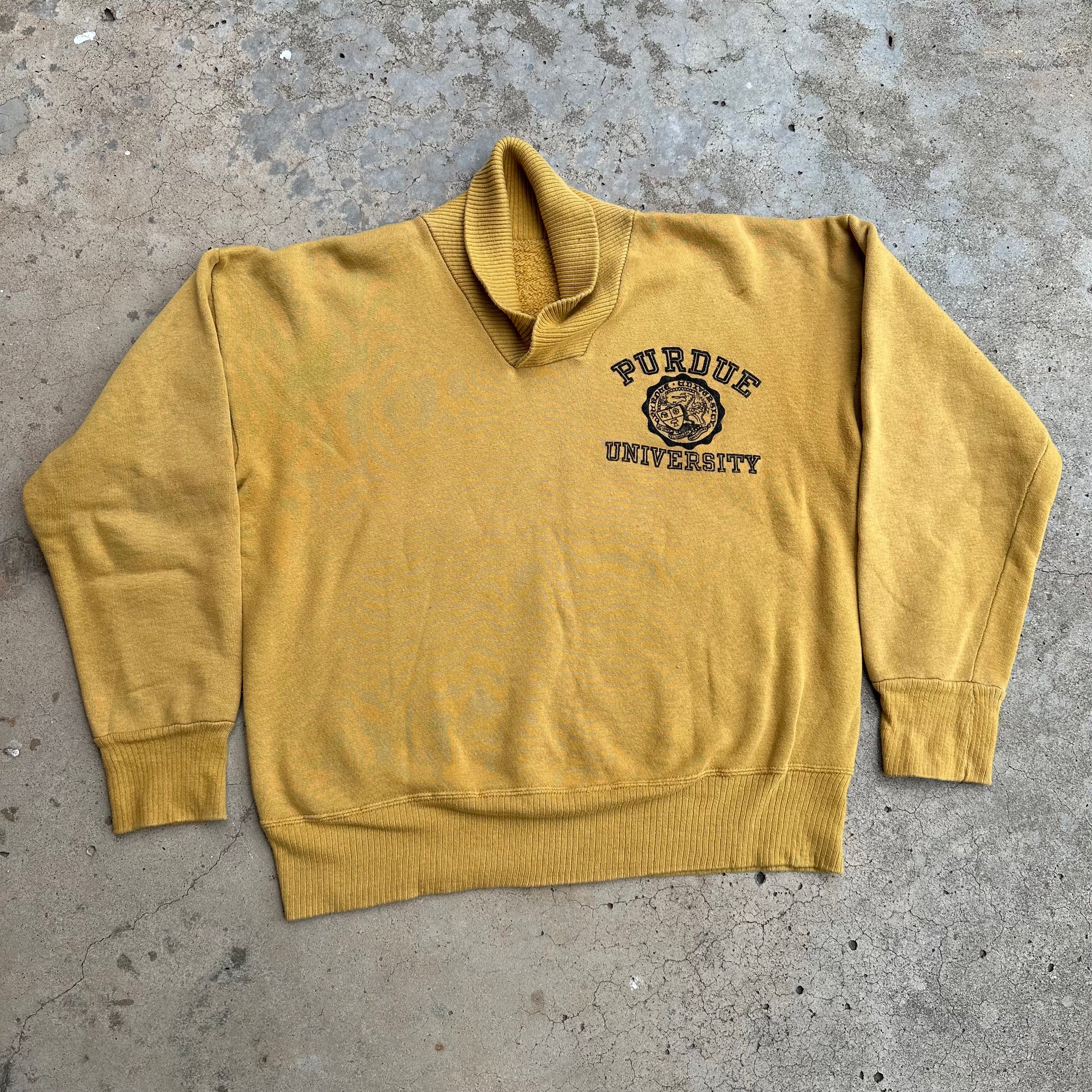 1960’s Purdue University Flock Print Shawl Collar Sweatshirt 24” Chest