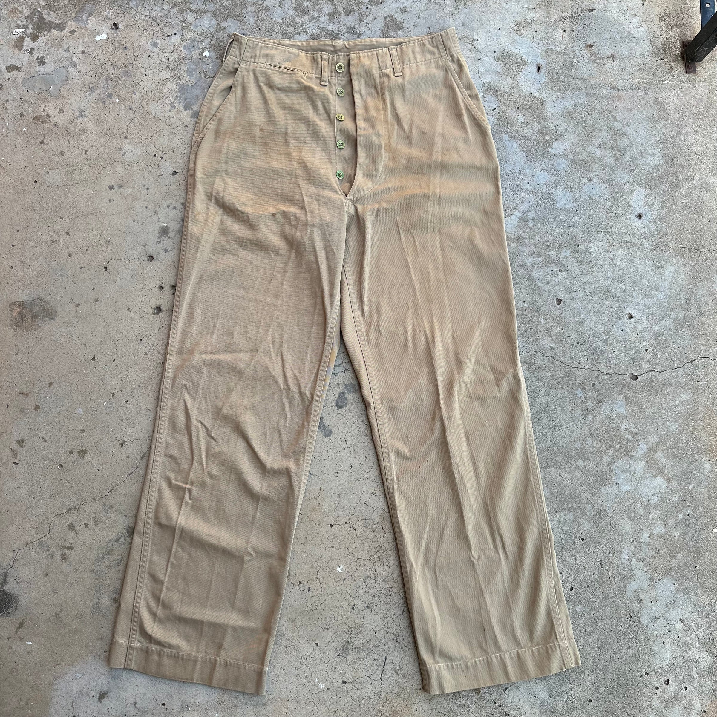 1940’s WWII USMC Khaki Chino Pants with Metal Buttons 31” Waist