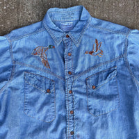 1960’s Embroidered Roebucks Chambray Western Shirt Large