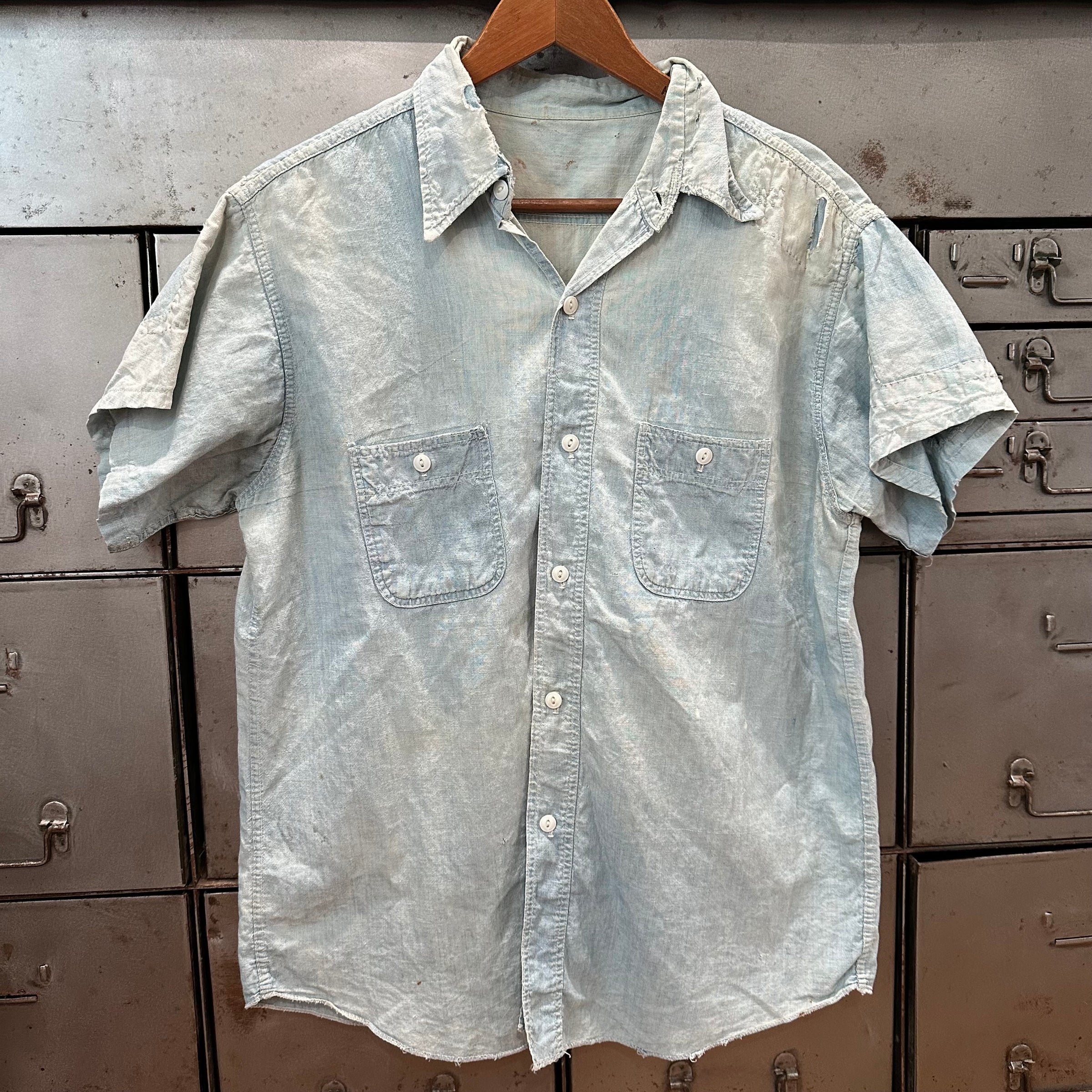 1950’s Repaired Chambray Work Shirt 22.5" Chest