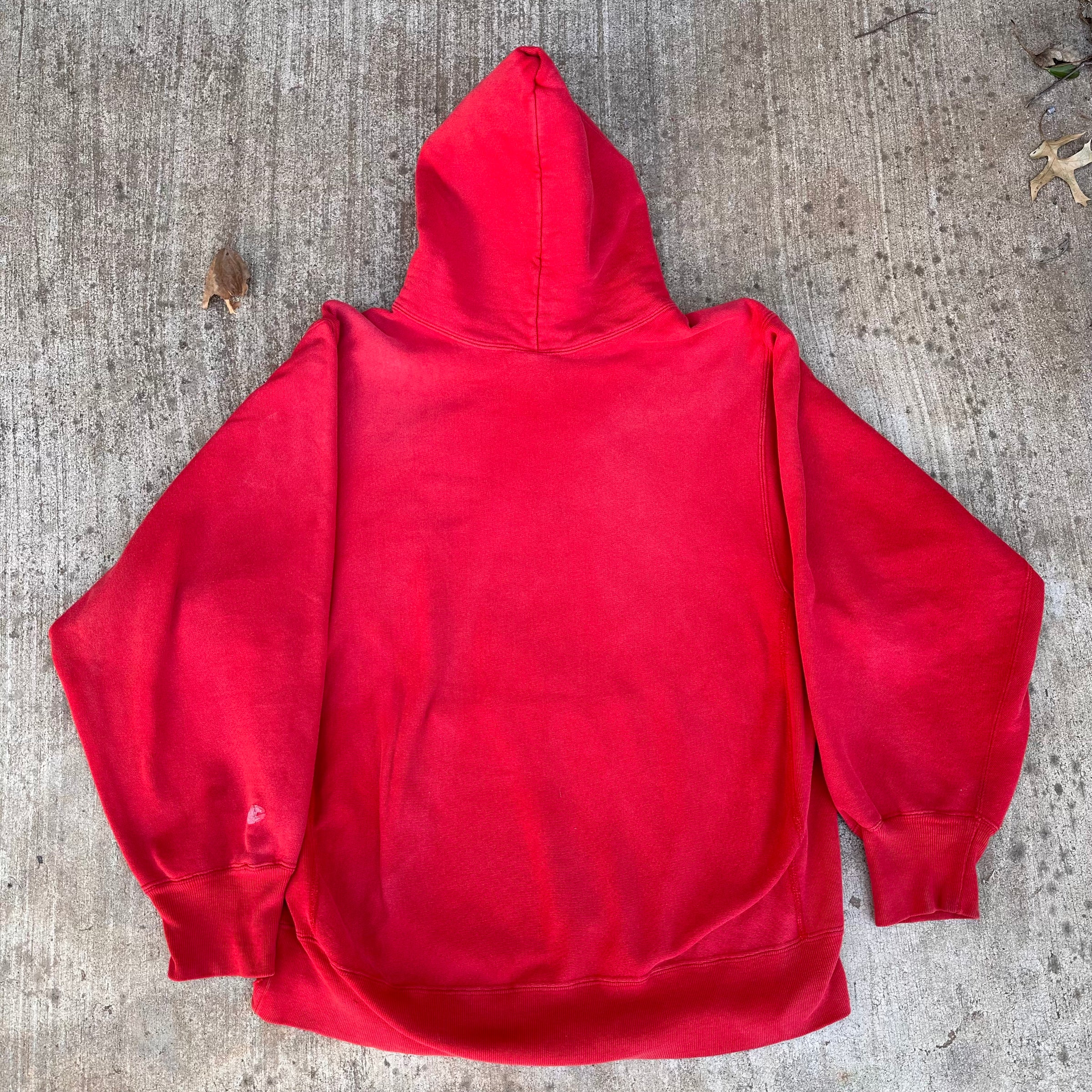 1980’s Faded Red Champion Reverse Weave Hooded Sweatshirt XL 25” Chest