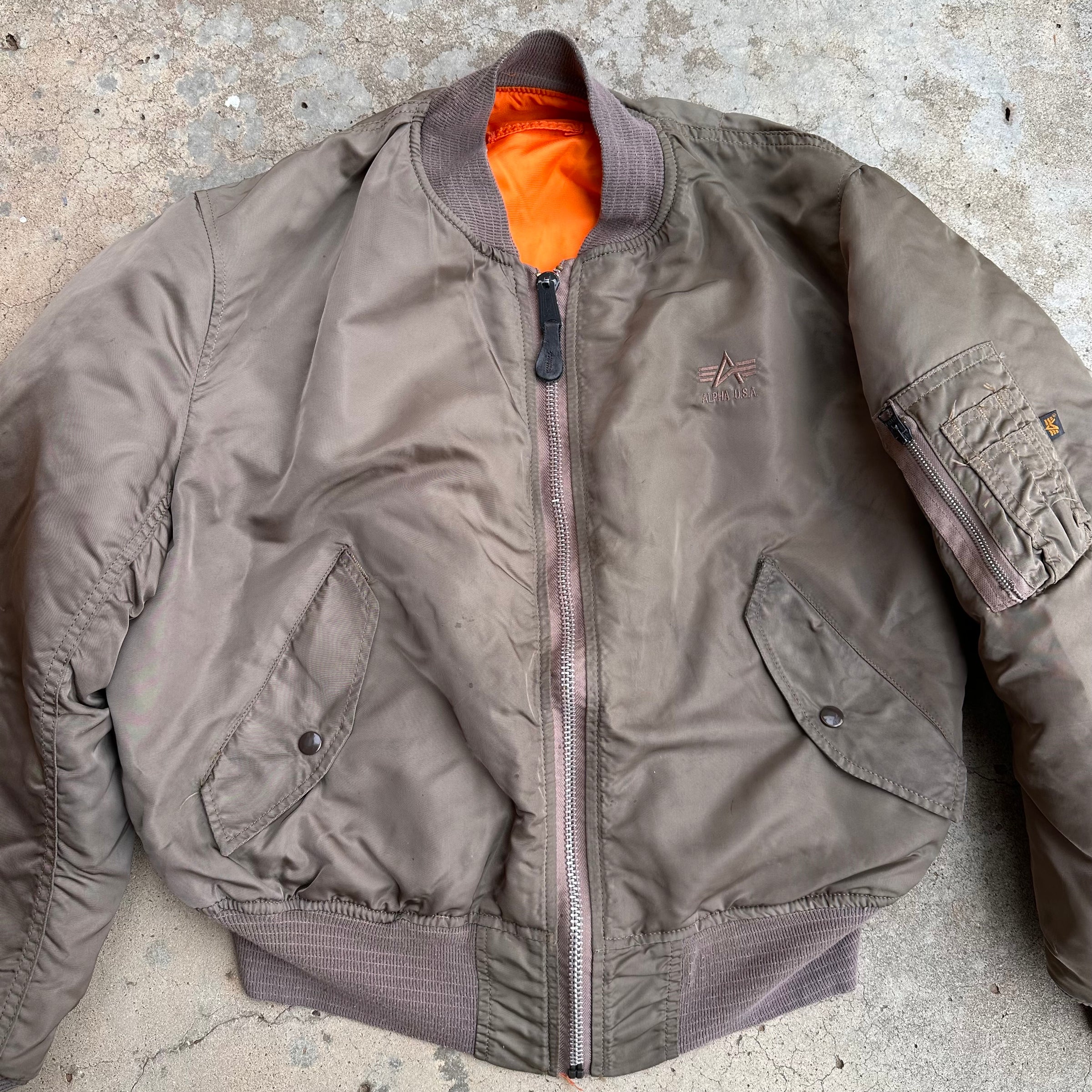1990’s Alpha Industries Brown Reversible MA-1 Flight Jacket Large 27” Chest