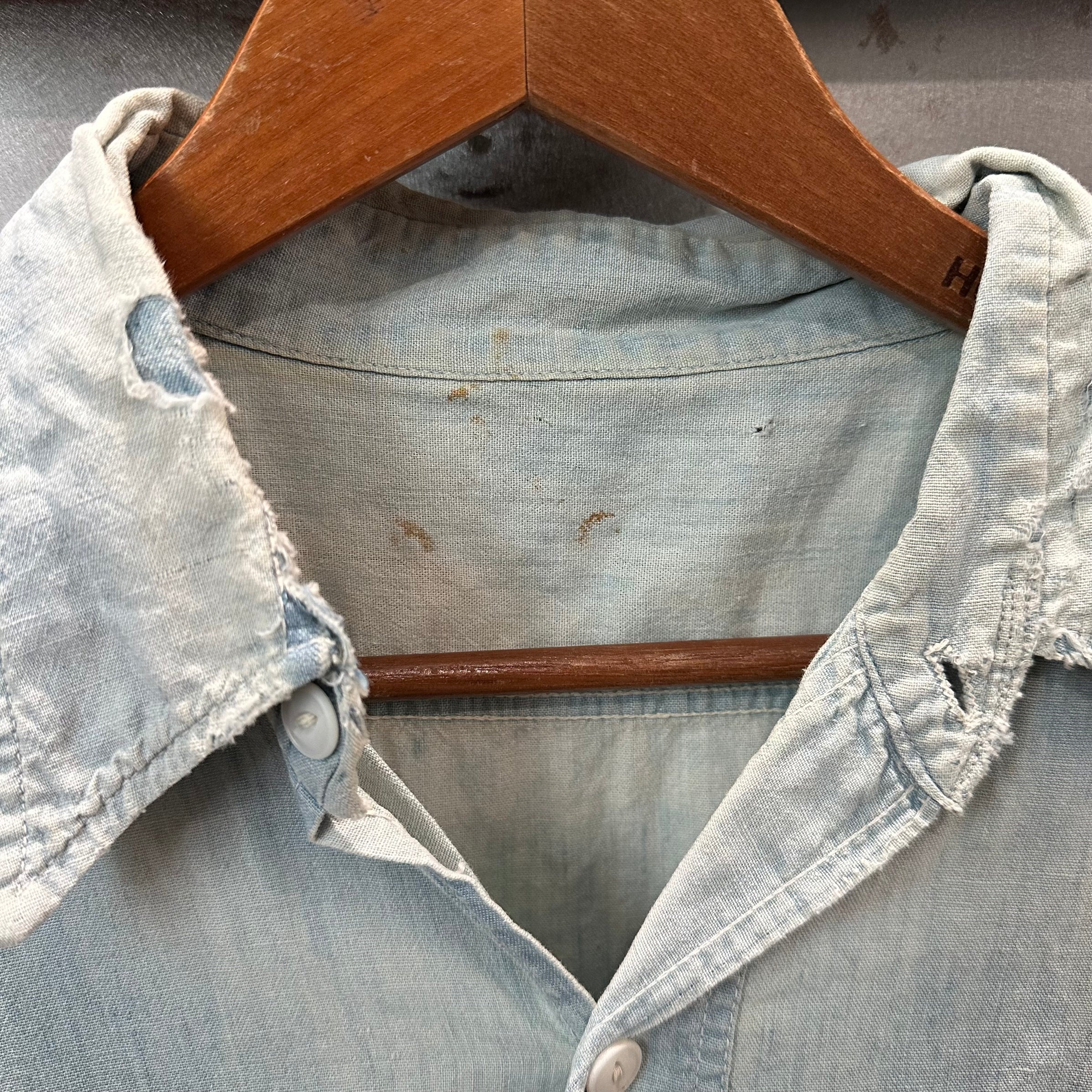 1950’s Repaired Chambray Work Shirt 22.5" Chest