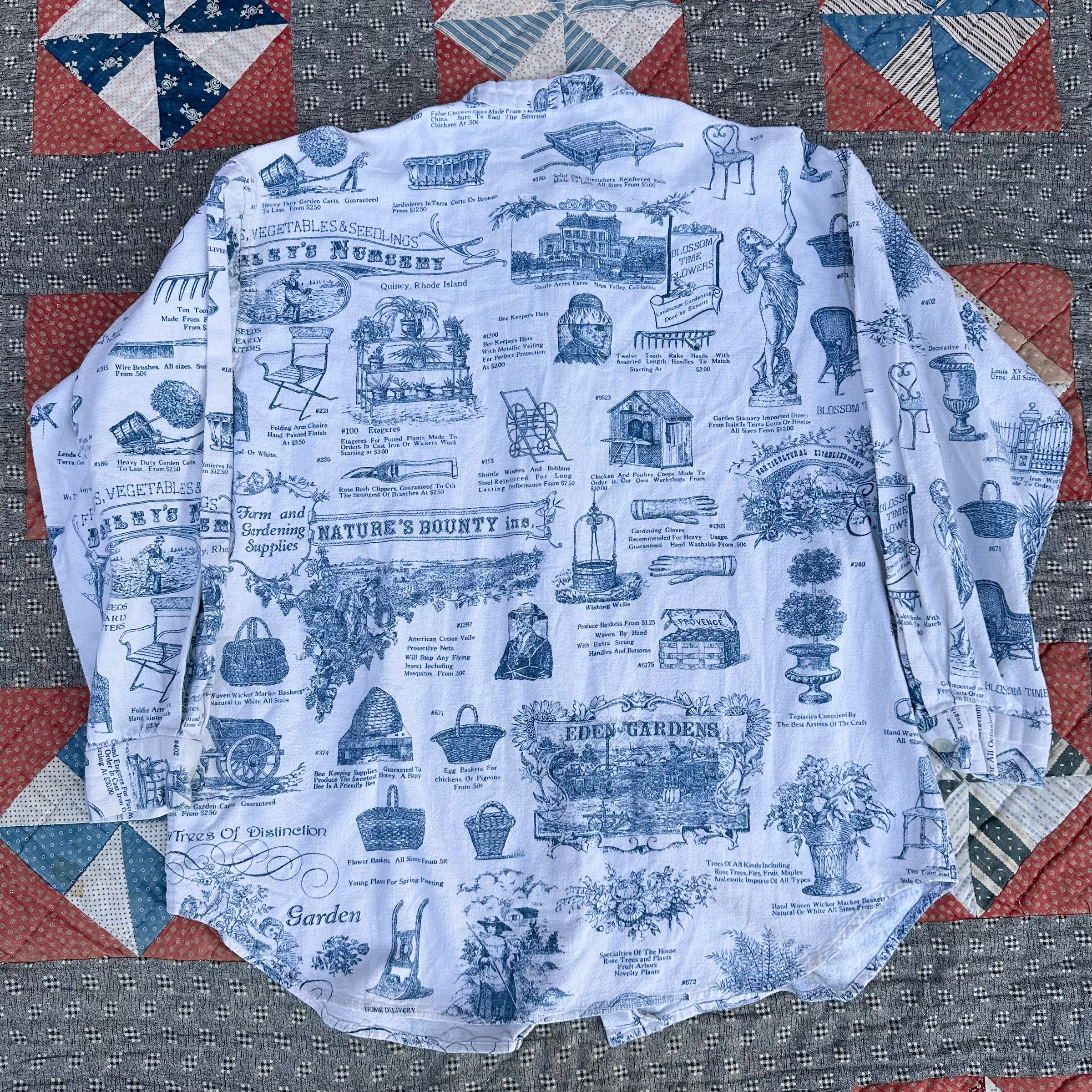 1970’s Banded Collar Antique Brochure Print Shirt 24” Chest