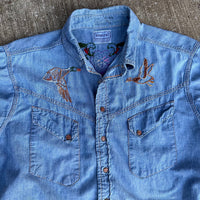 1960’s Embroidered Roebucks Chambray Western Shirt Large