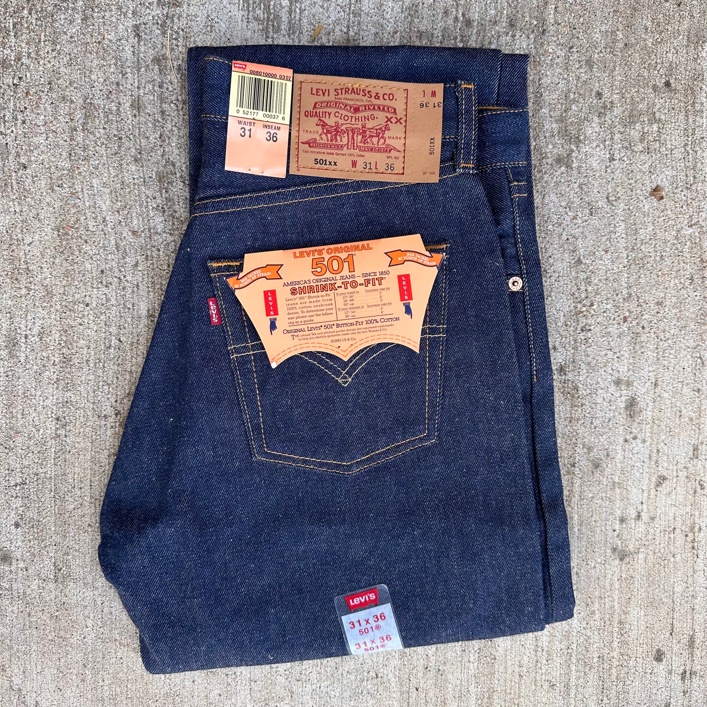 2000’s Deadstock Levi’s 501 Shrink to Fit Denim Jeans Tagged 31” x 36”