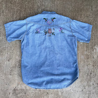 1960’s Embroidered Roebucks Chambray Western Shirt Large