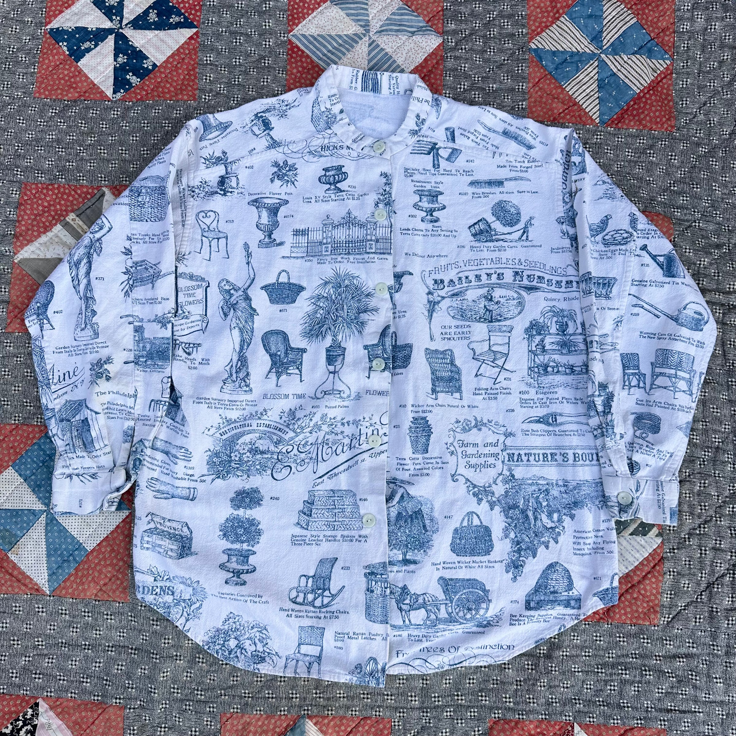 1970’s Banded Collar Antique Brochure Print Shirt 24” Chest