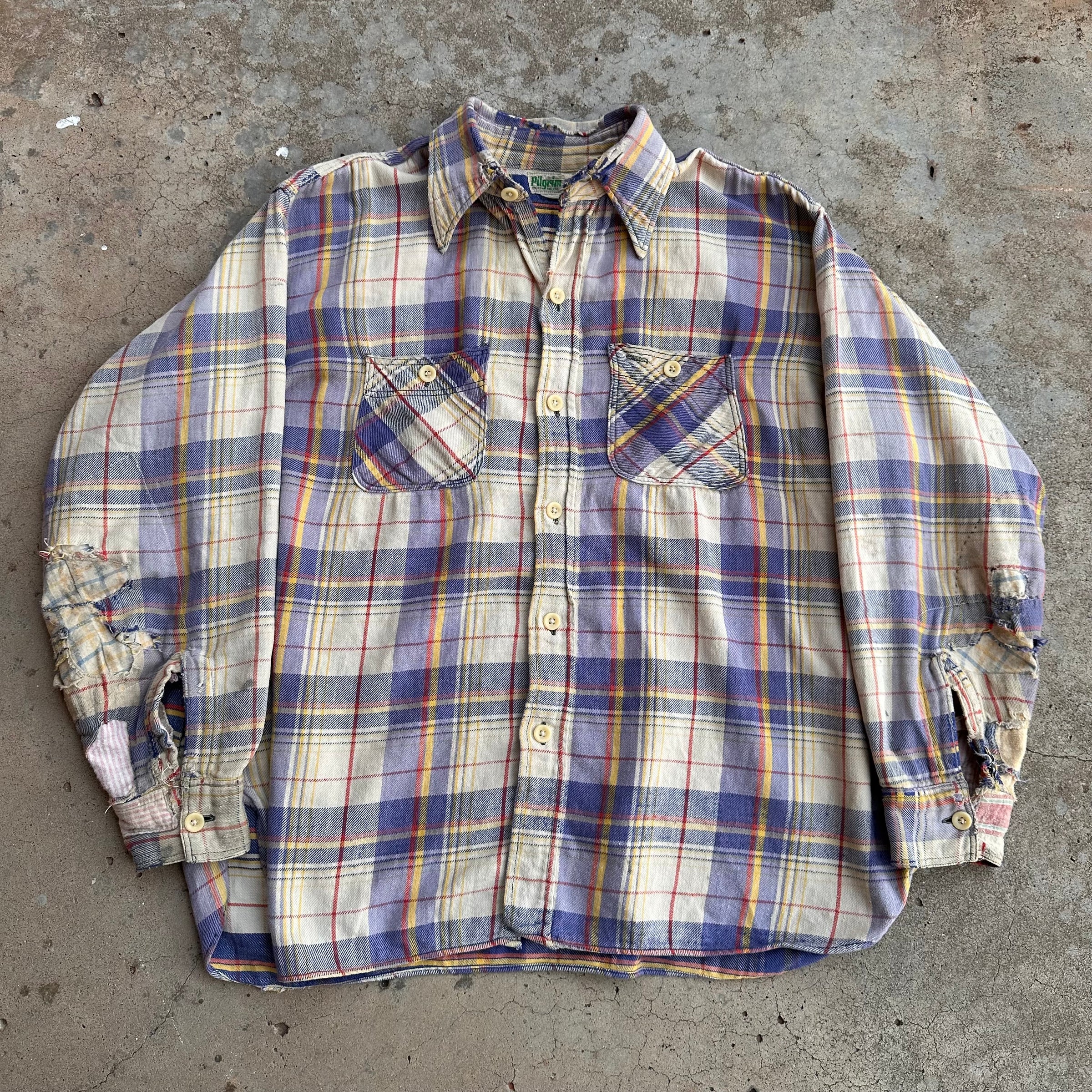 1940’s/50’s Pilgrim Repaired Plaid Cotton Flannel L/XL