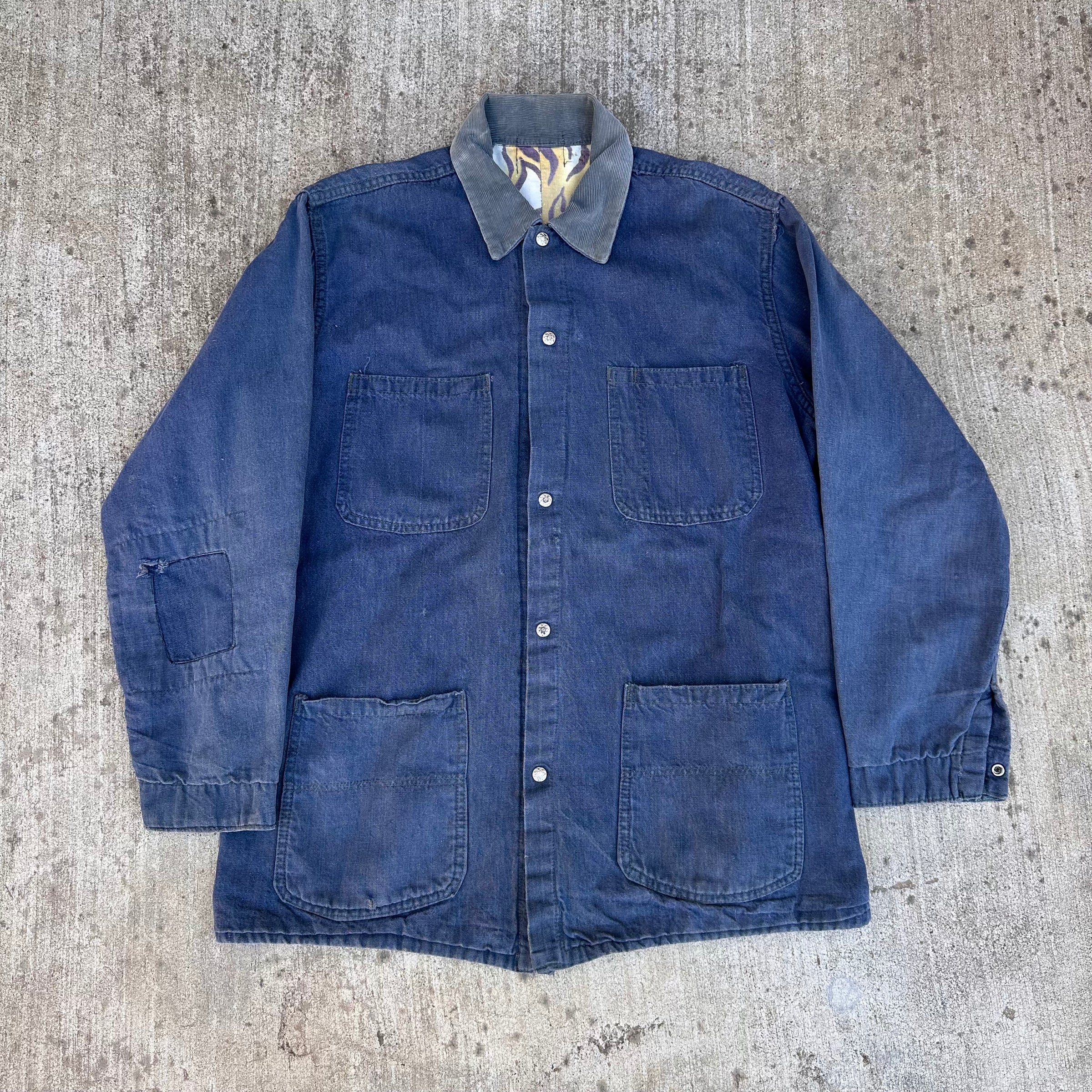 1960’s Animal Print Lined Vat Dyed Denim Chore Jacket 22.5” Chest