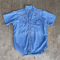 1960’s Embroidered Roebucks Chambray Western Shirt Large
