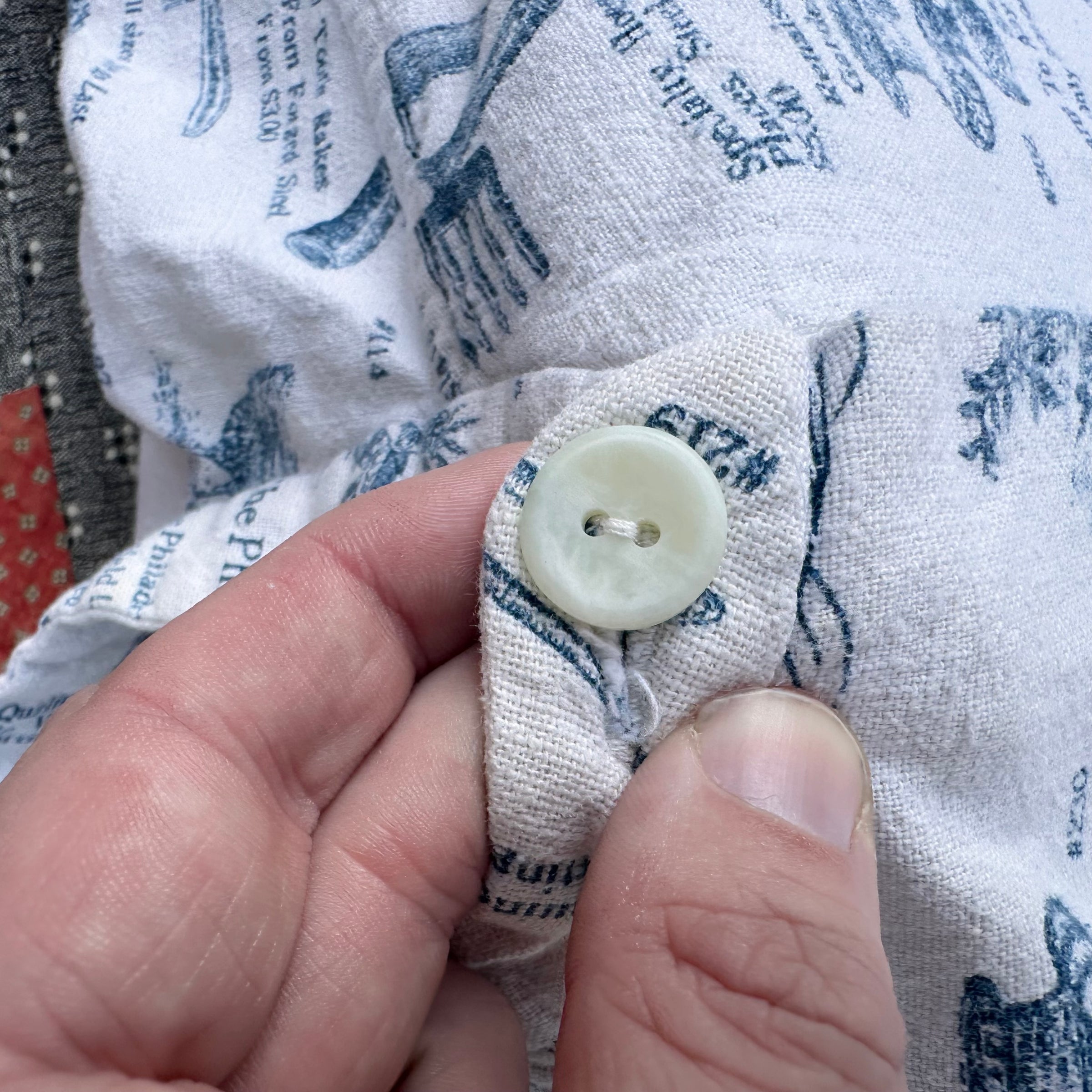 1970’s Banded Collar Antique Brochure Print Shirt 24” Chest