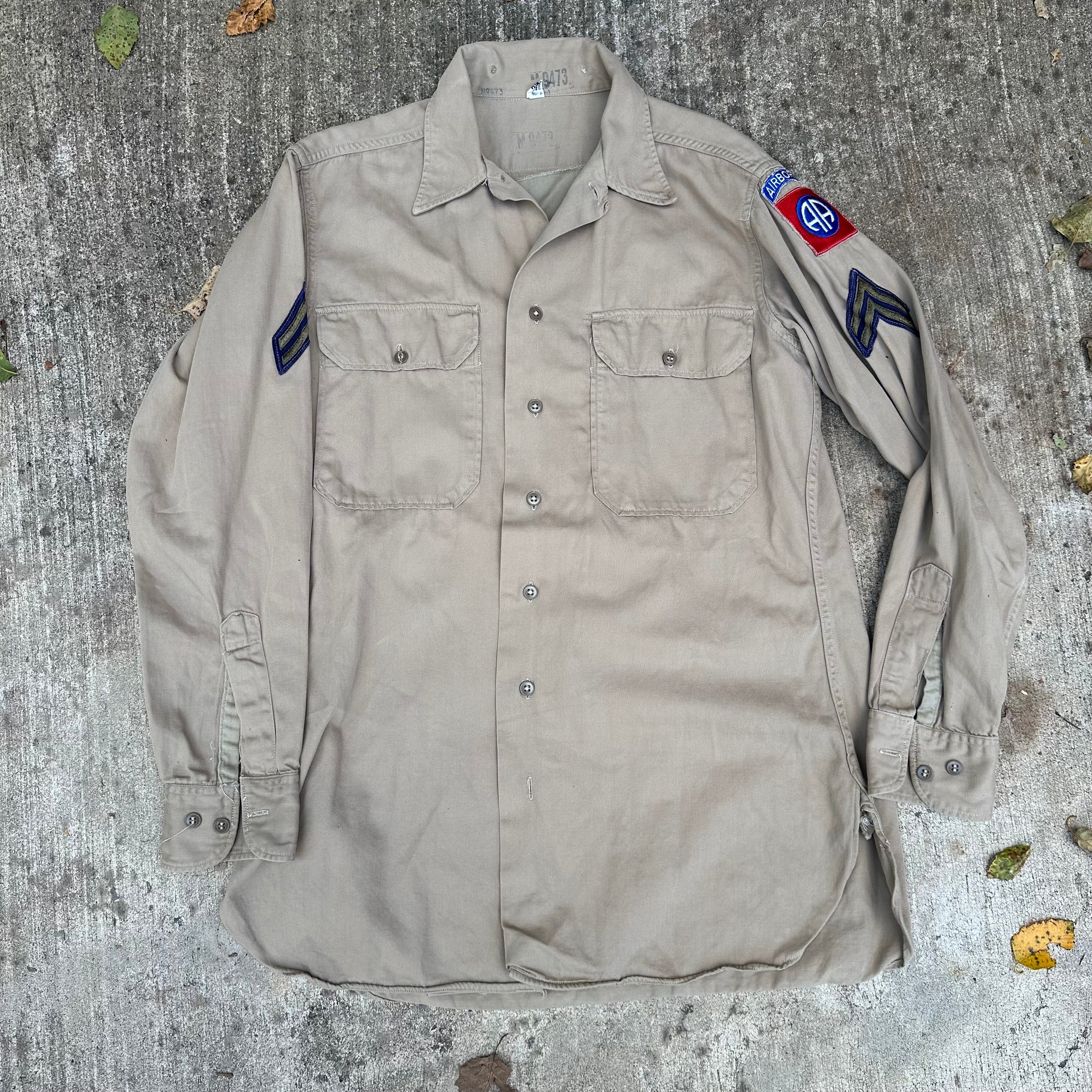 1940’s WWII 82nd Airborne Patched Khaki Shirt with Gas Flap