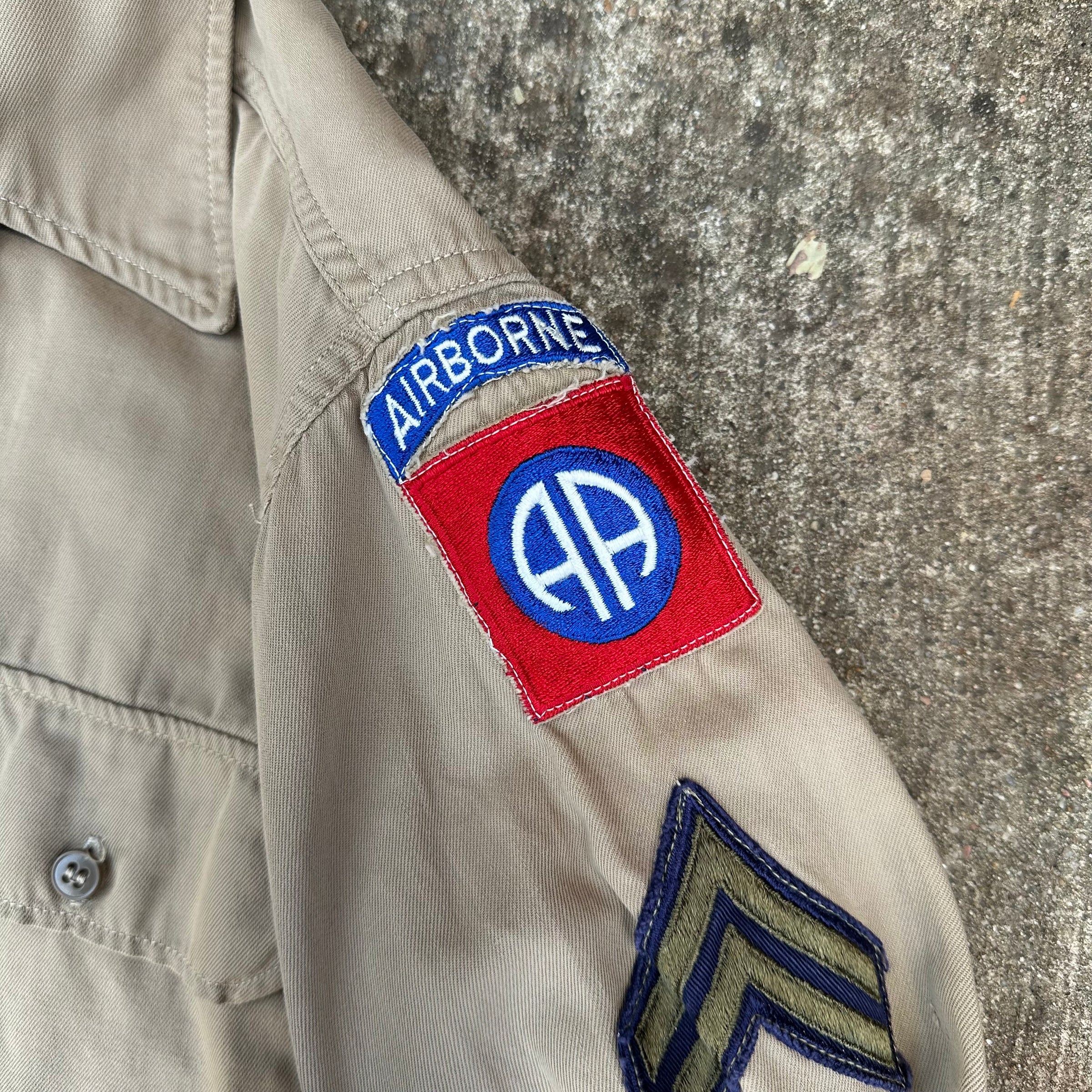 1940’s WWII 82nd Airborne Patched Khaki Shirt with Gas Flap