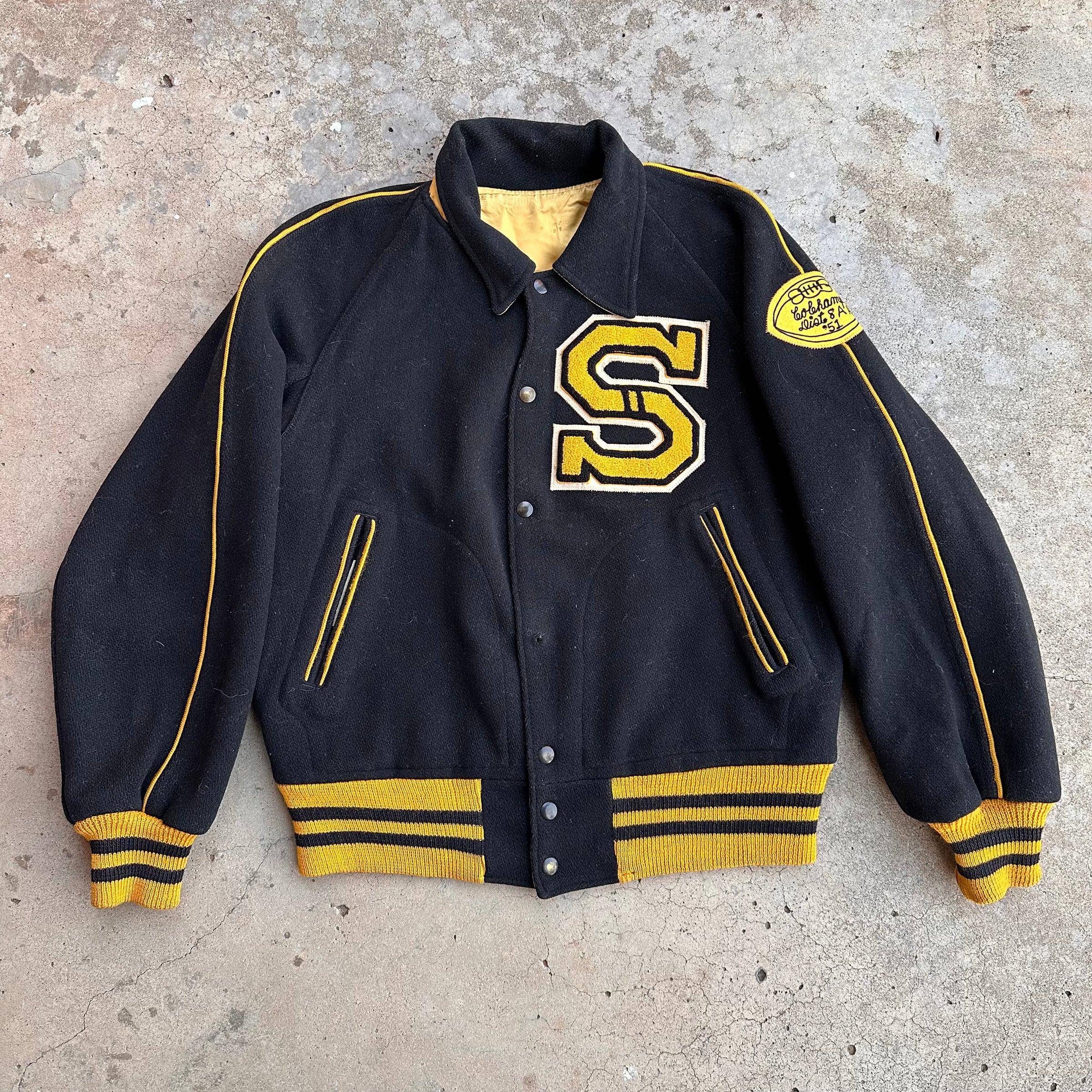 1950’s Black and Yellow Reversible Wool/Satin Varsity Jacket Large