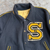 1950’s Black and Yellow Reversible Wool/Satin Varsity Jacket Large