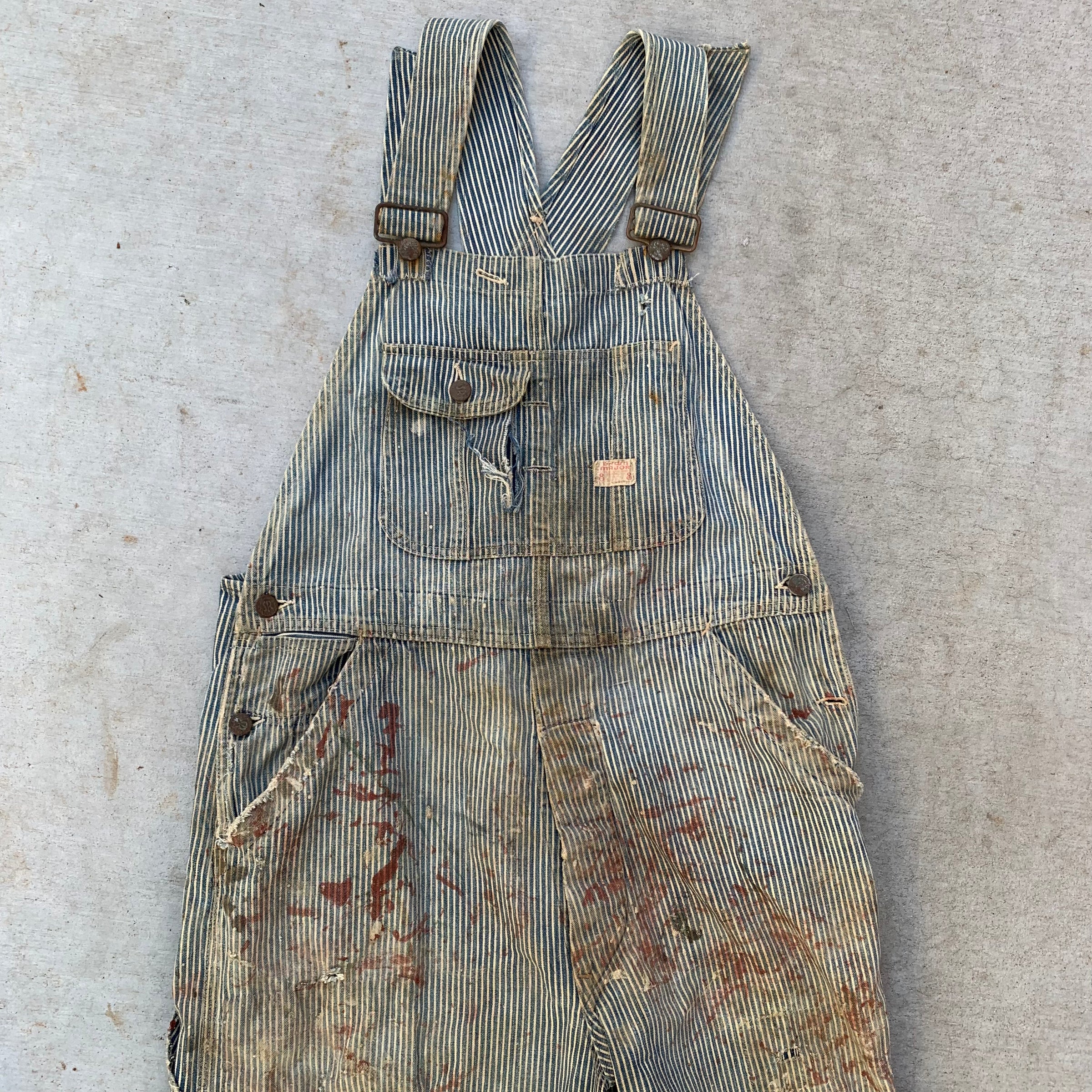 1940’s Thrashed Drum Major Hickory Stripe Overalls 34” x 29”
