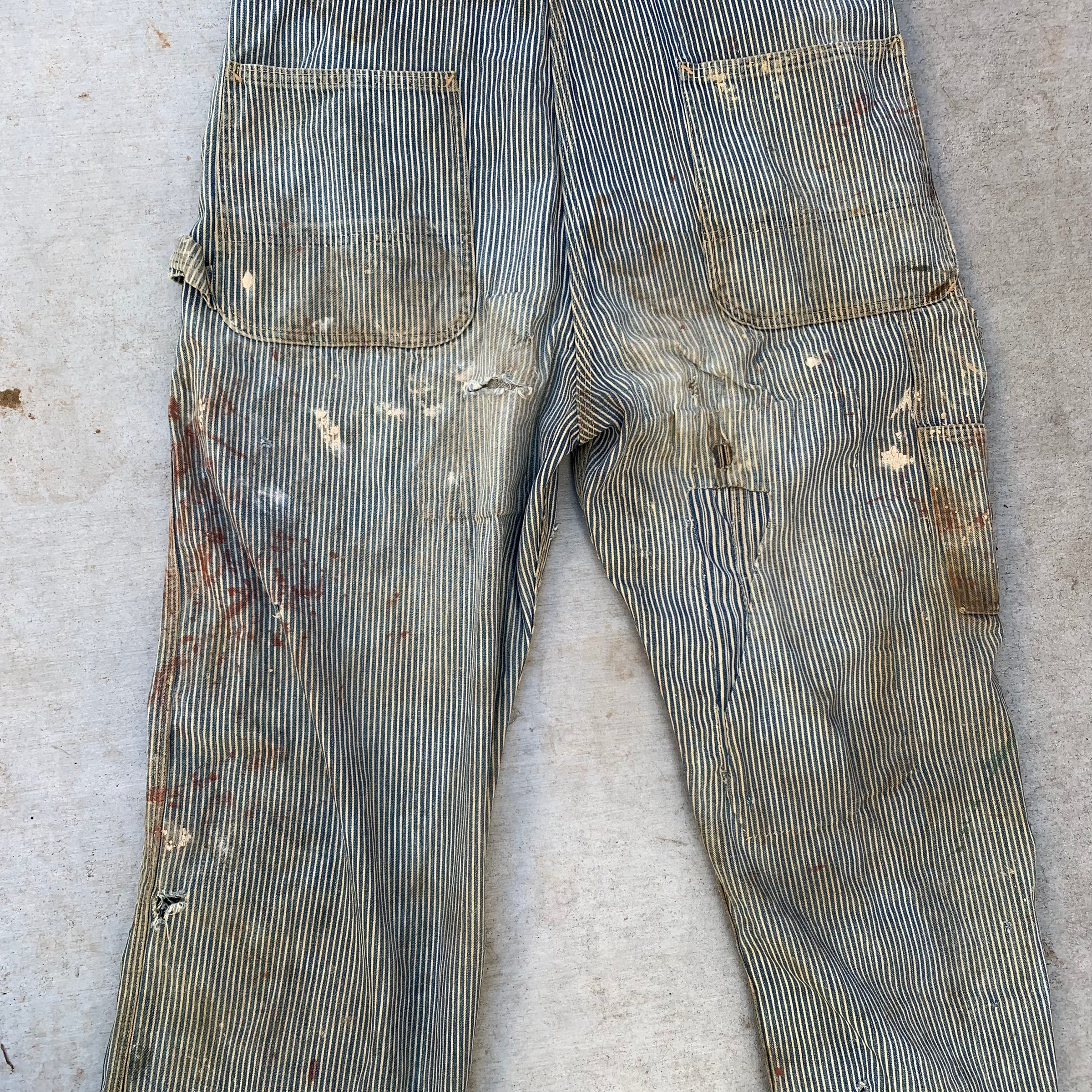 1940’s Thrashed Drum Major Hickory Stripe Overalls 34” x 29”