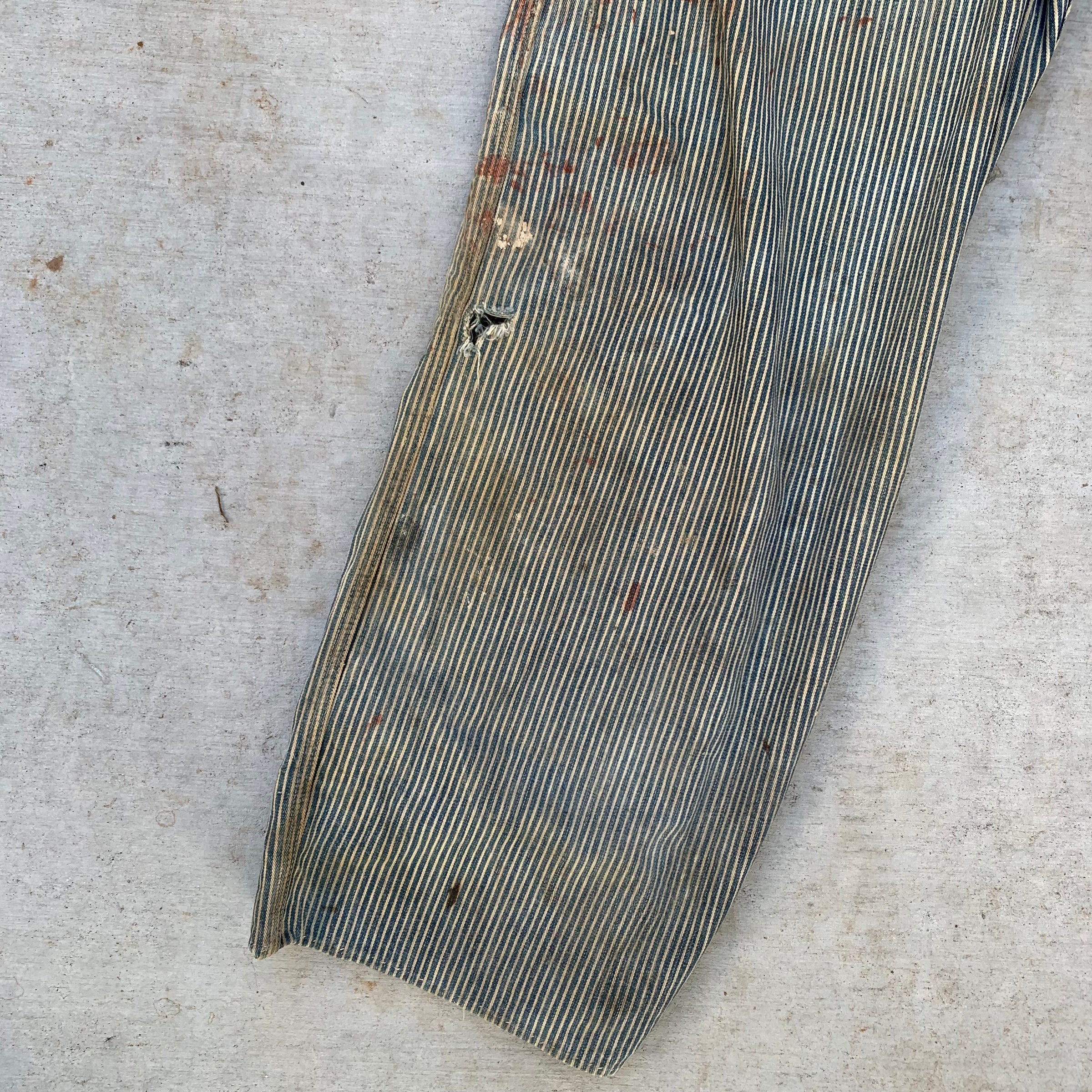 1940’s Thrashed Drum Major Hickory Stripe Overalls 34” x 29”