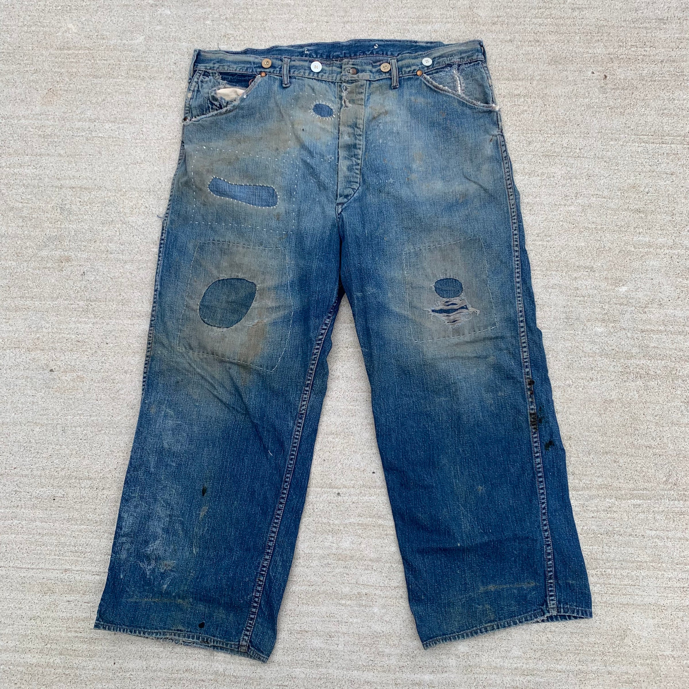 1940's Repaired Donut Button Denim Carpenter Jeans 39.5" x 25"