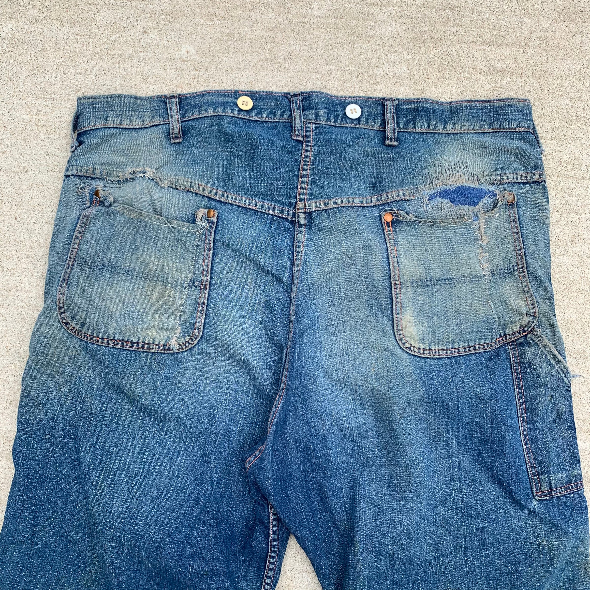 1940's Repaired Donut Button Denim Carpenter Jeans 39.5" x 25"