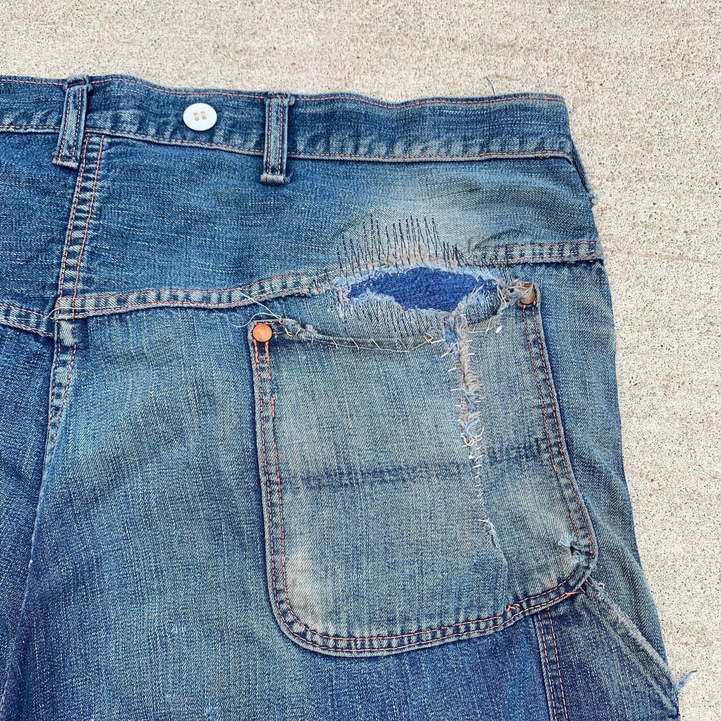 1940's Repaired Donut Button Denim Carpenter Jeans 39.5" x 25"