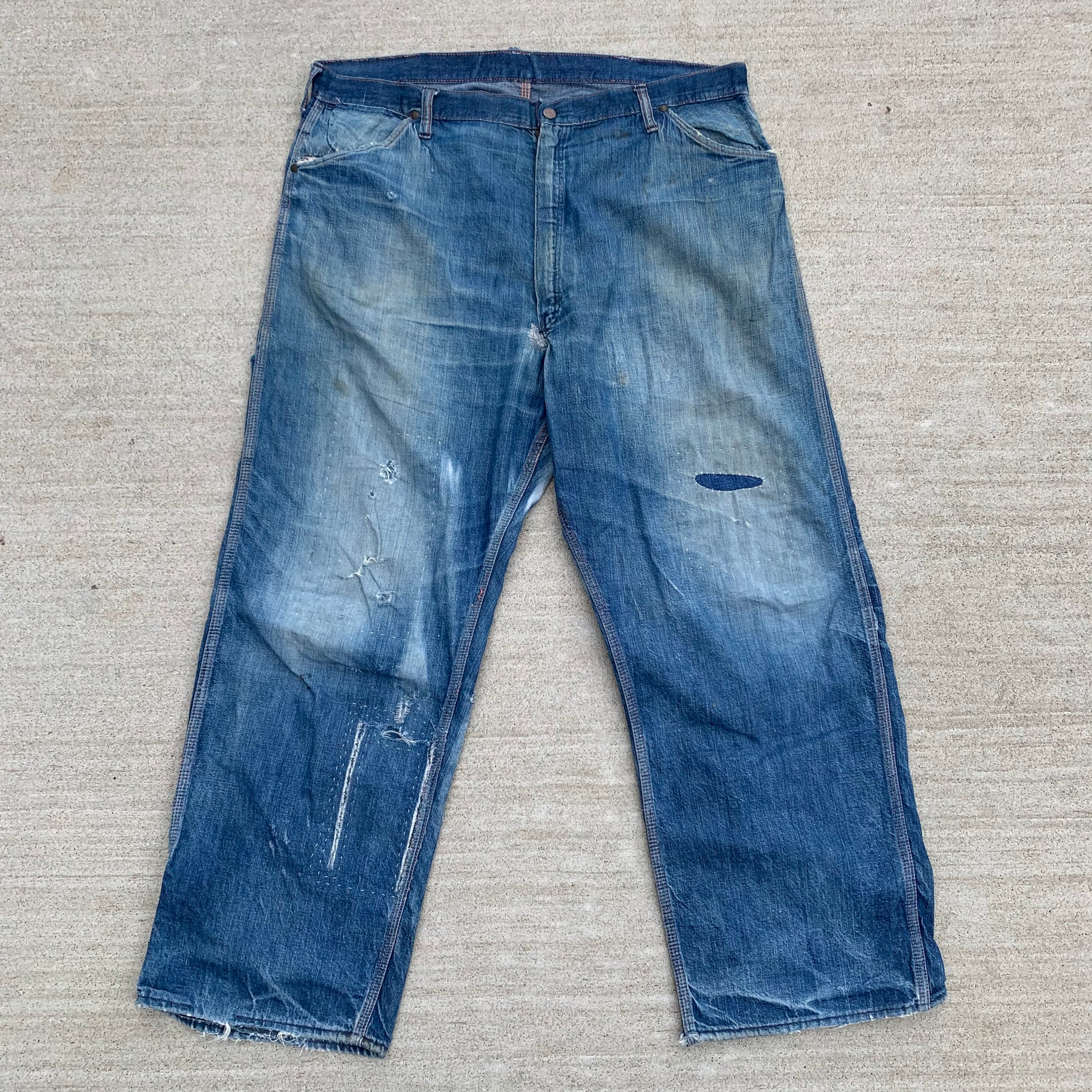 1940's Sun Faded Pioneer Brand Denim Carpenter Jeans 39.5" x 28.25"