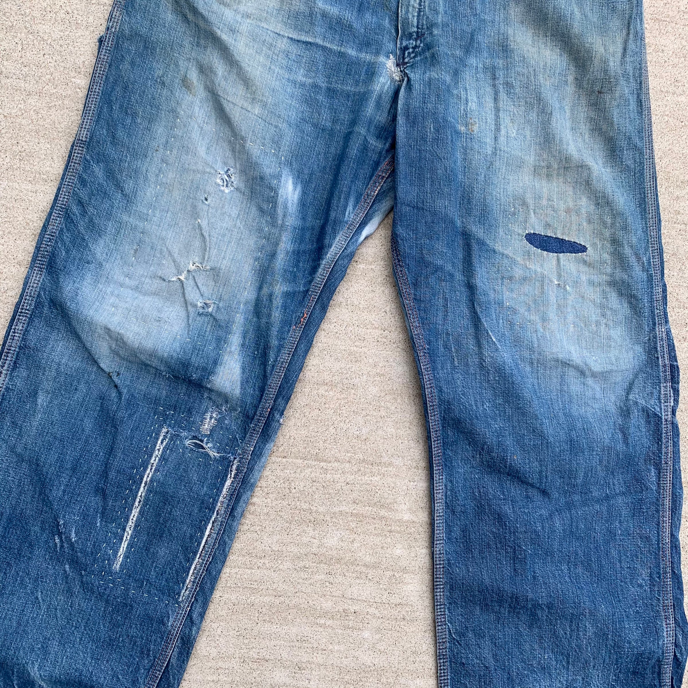 1940's Sun Faded Pioneer Brand Denim Carpenter Jeans 39.5" x 28.25"