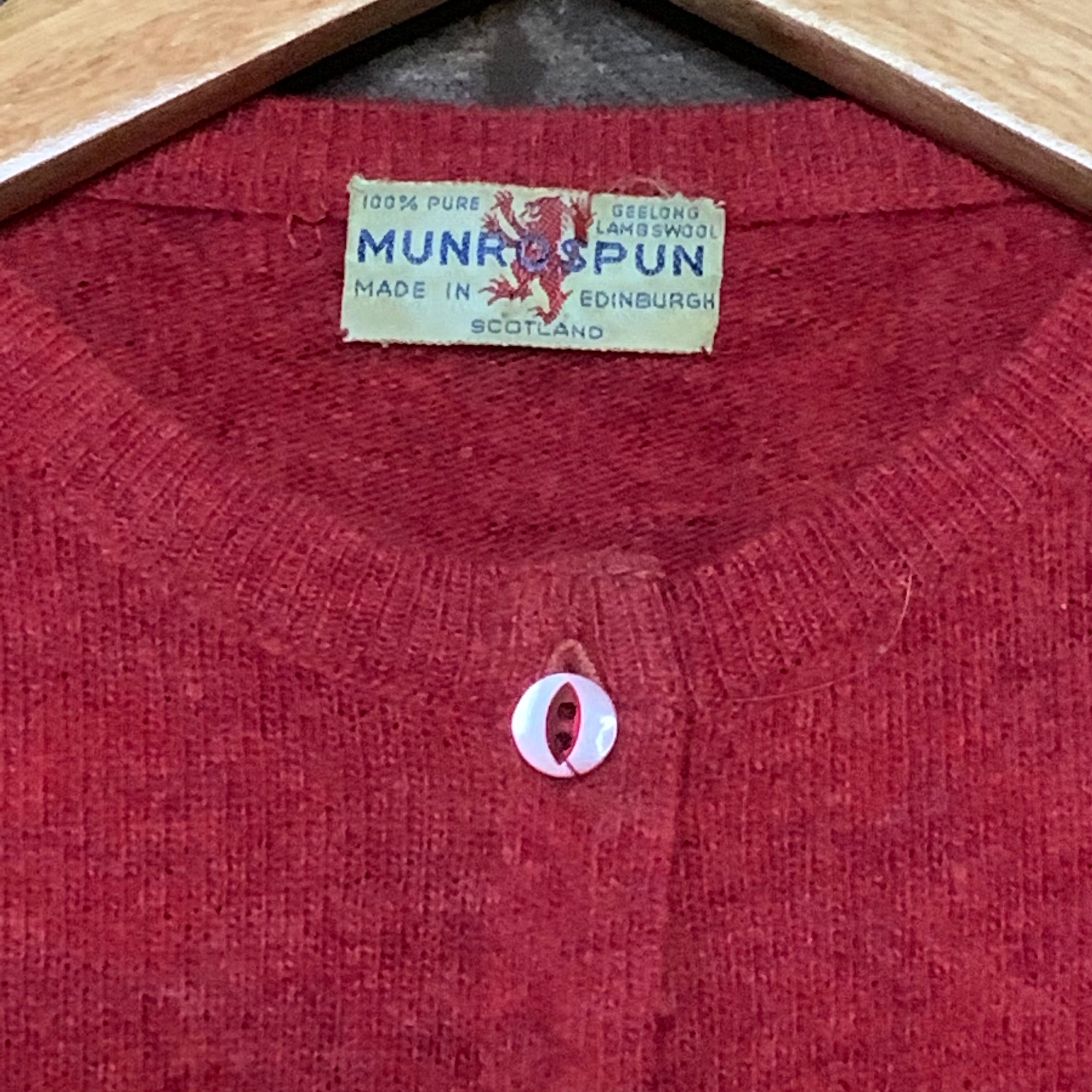 1930's Red Munrospun Lambswool Cardigan With Cat Eye Buttons