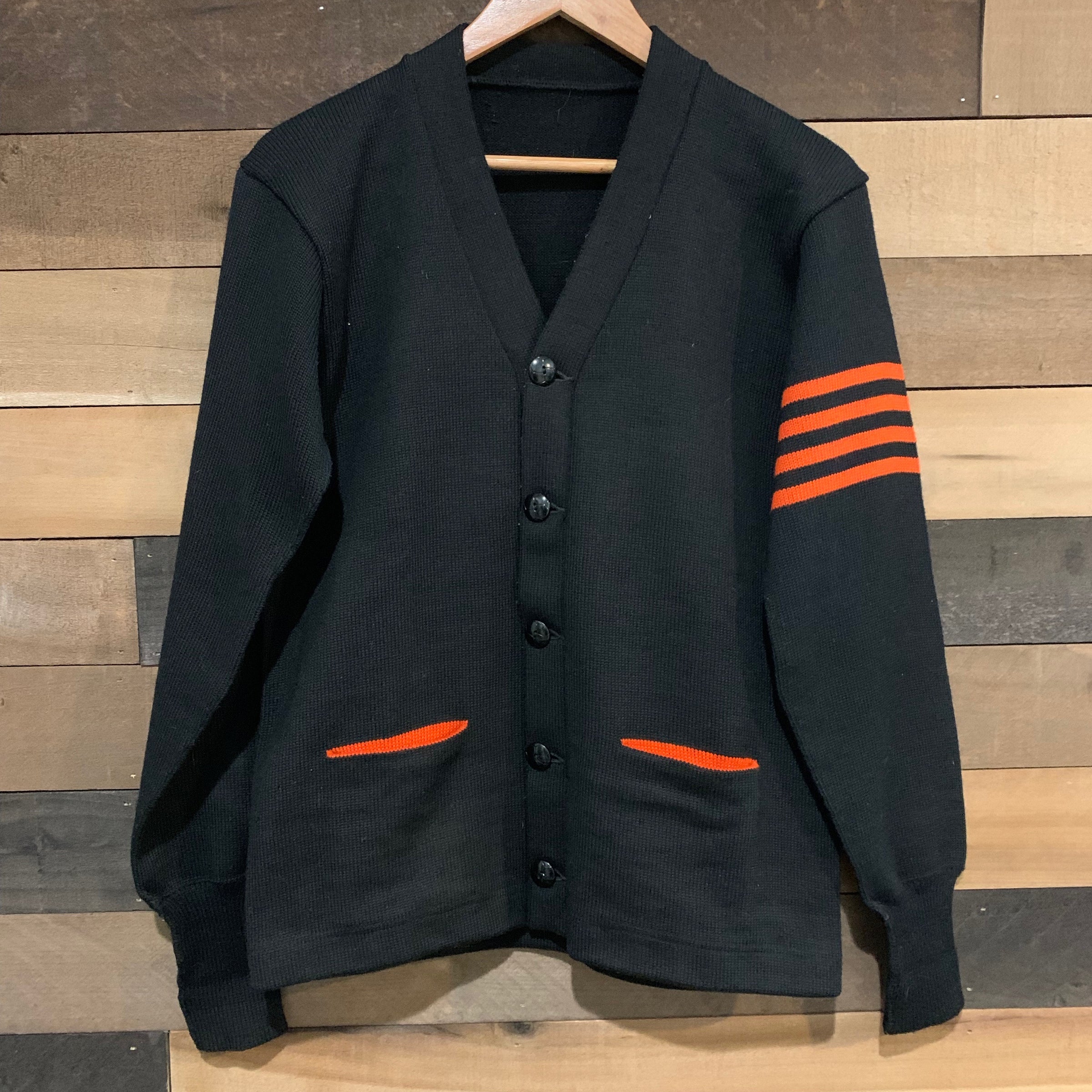 1940's/1950’s Varsity-Style Black and Orange Wool Cardigan Sweater