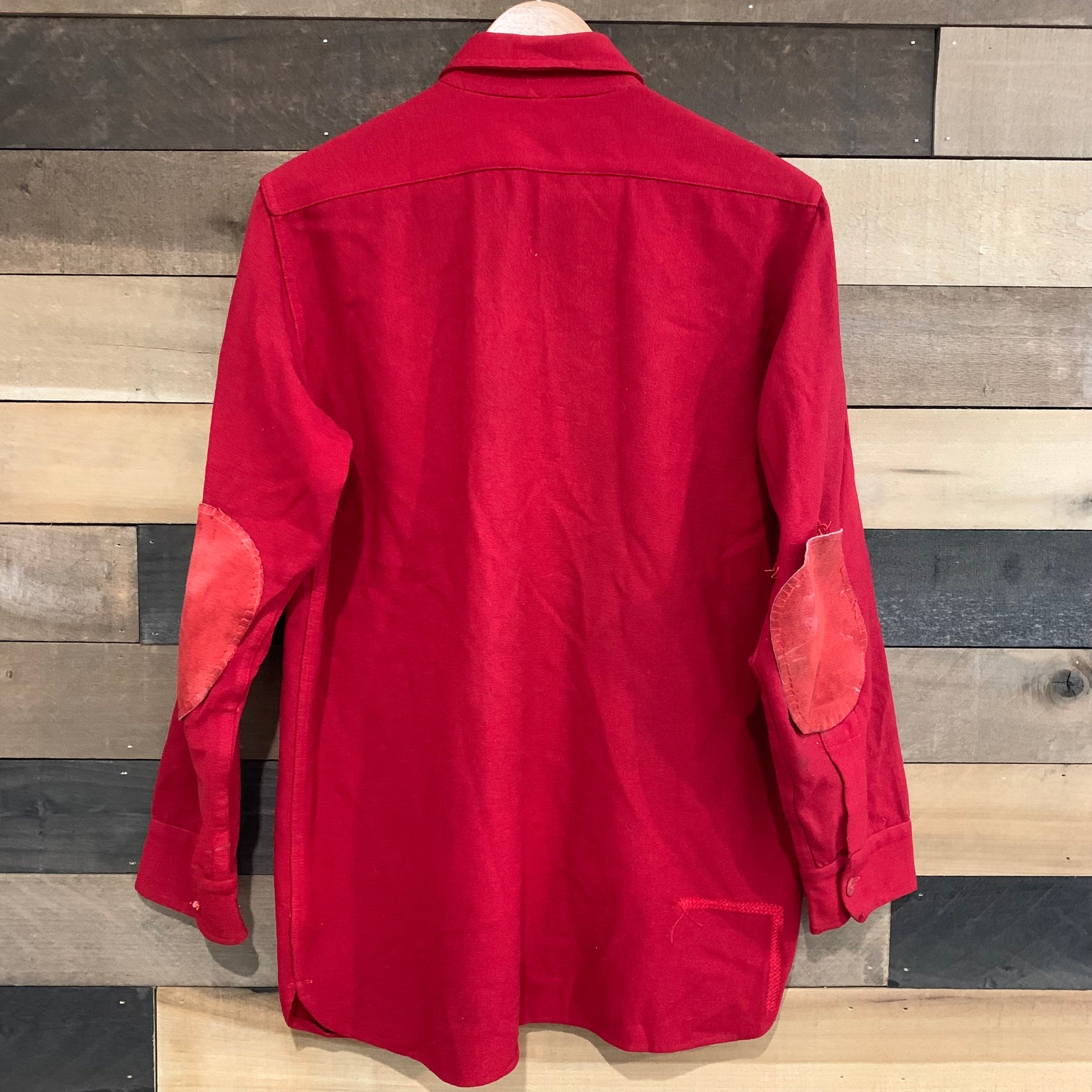 1950's LL Bean Script Label Red Wool Flannel Shirt with Leather Elbows M/L