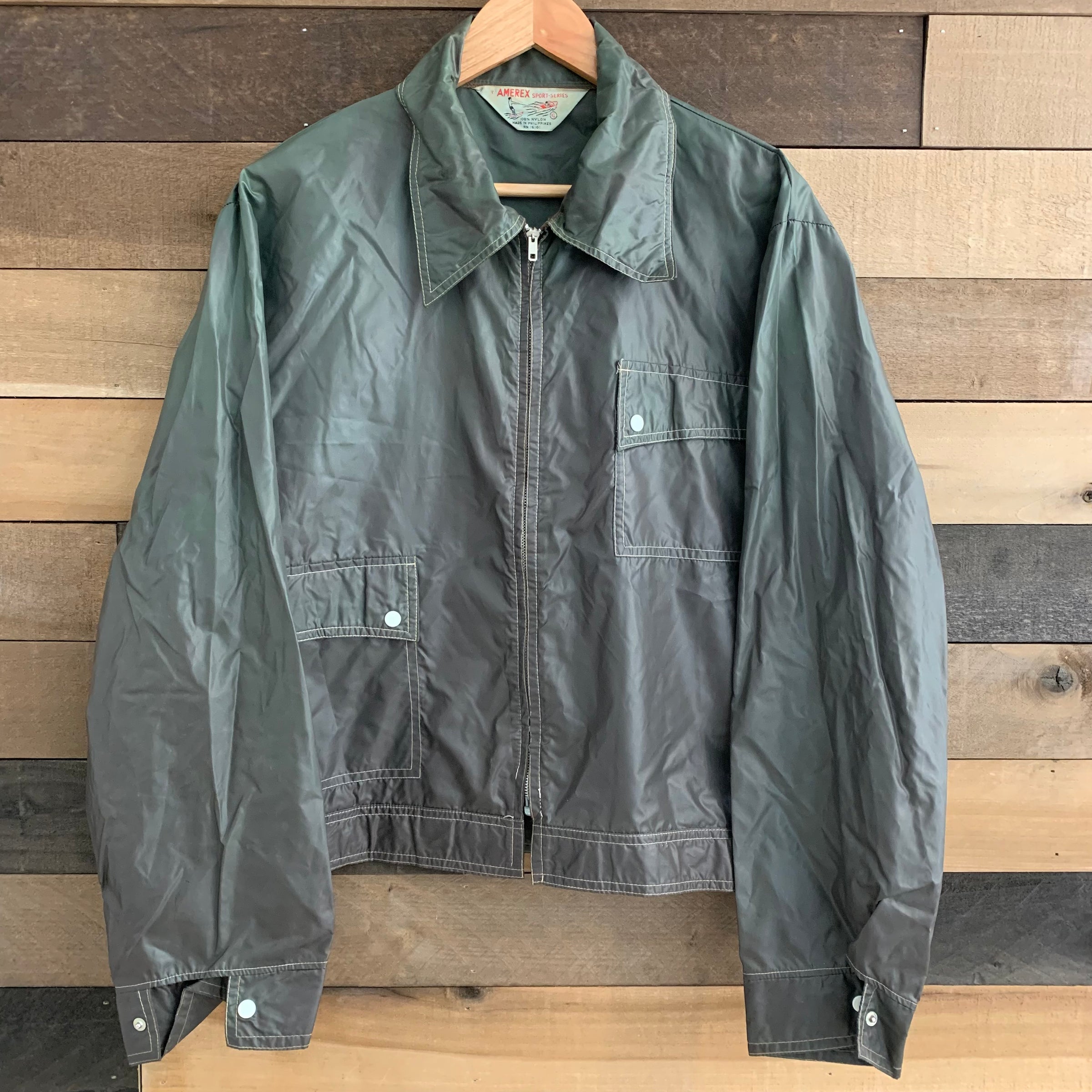 1960's Forest Green Amerex Nylon Jacket With Misaligned Pockets XL