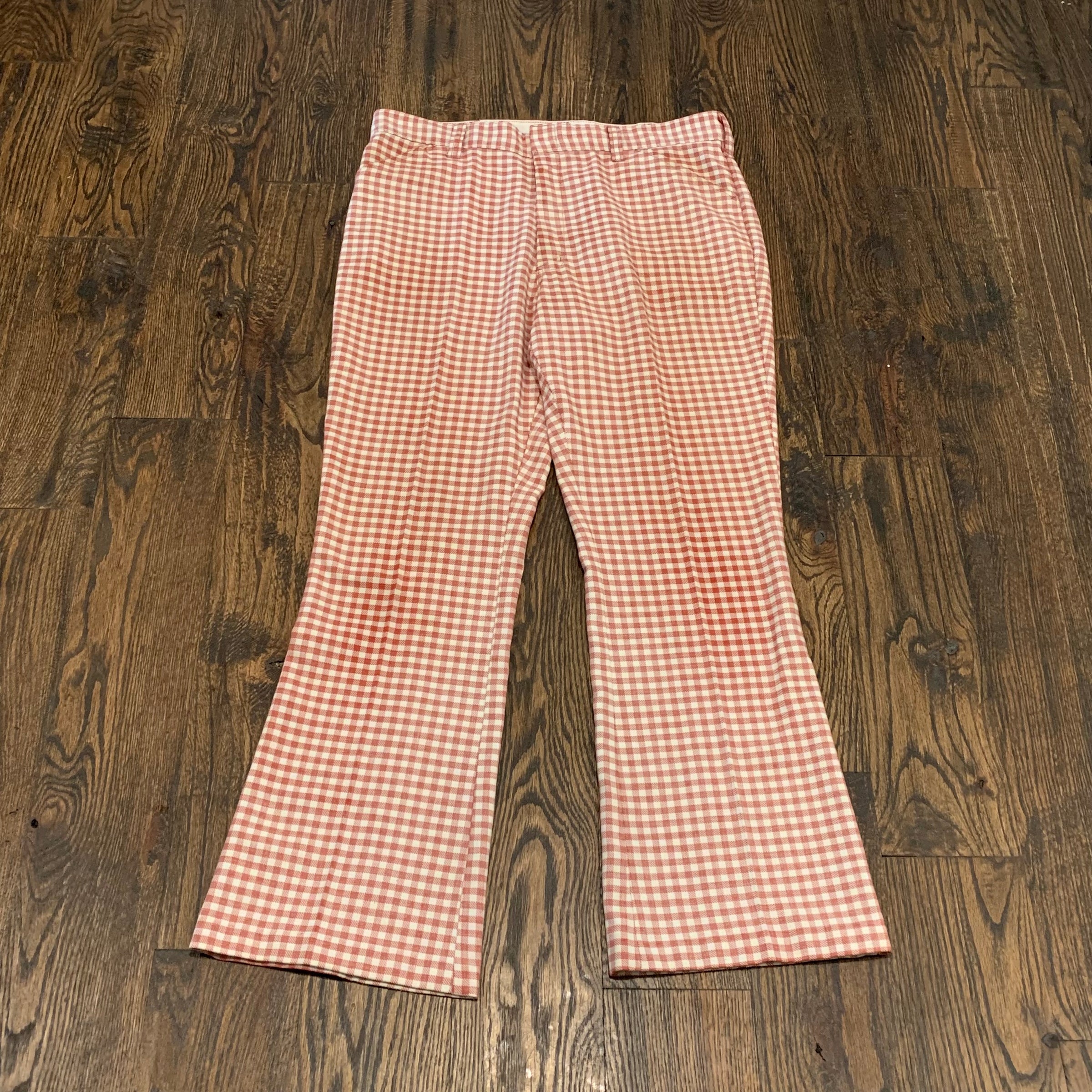 1960's Flared Red Gingham Picnic Print Trousers 36" Waist