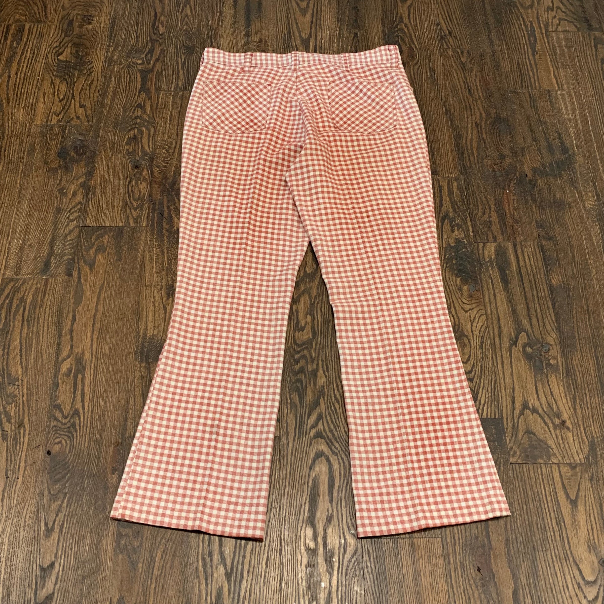 1960's Flared Red Gingham Picnic Print Trousers 36" Waist