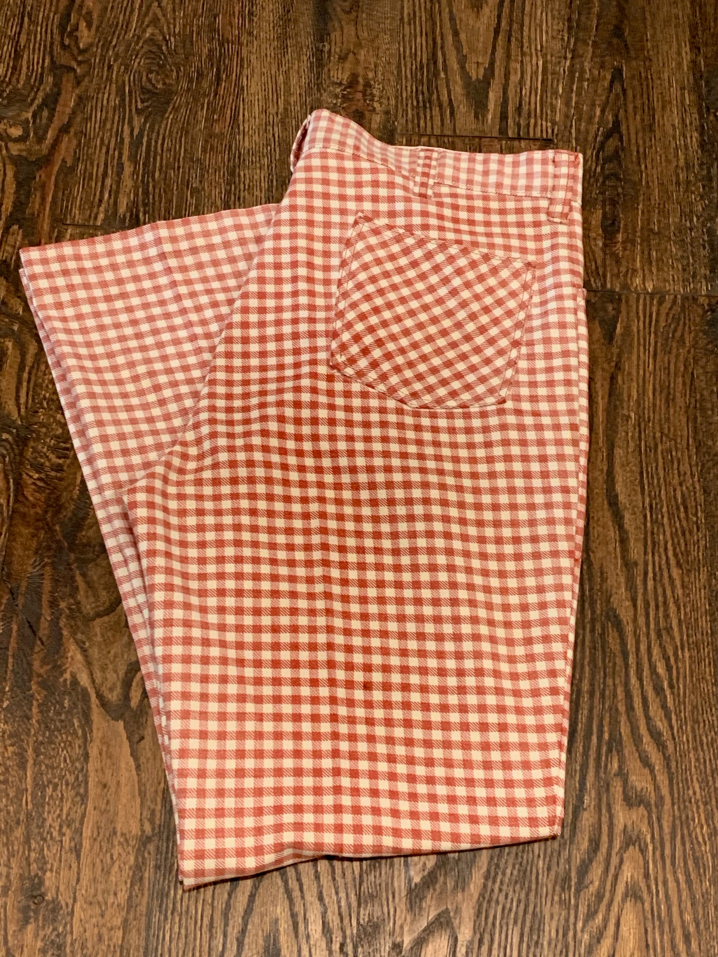 1960's Flared Red Gingham Picnic Print Trousers 36" Waist