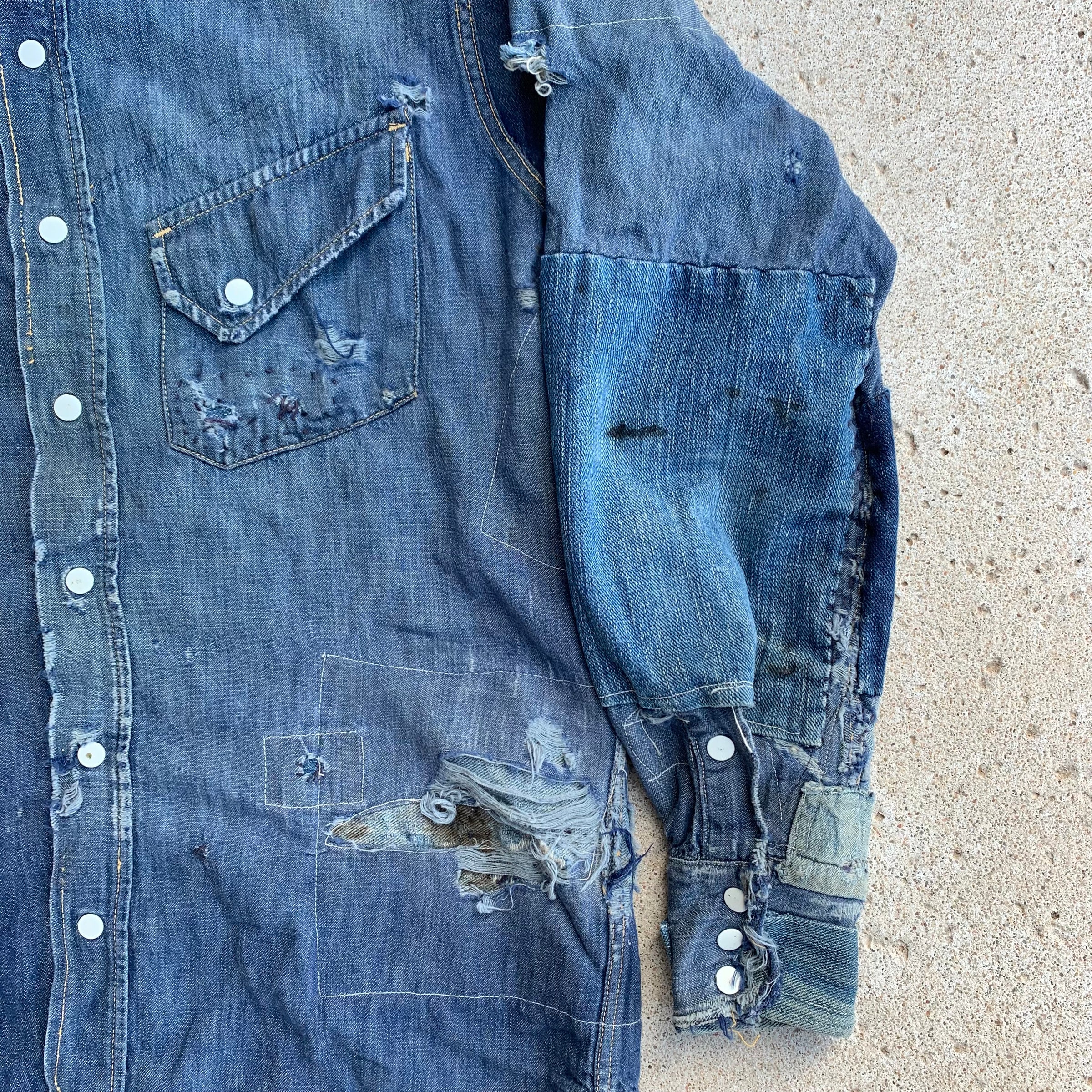 1950's Roebucks Patchwork Denim Western Shirt Medium