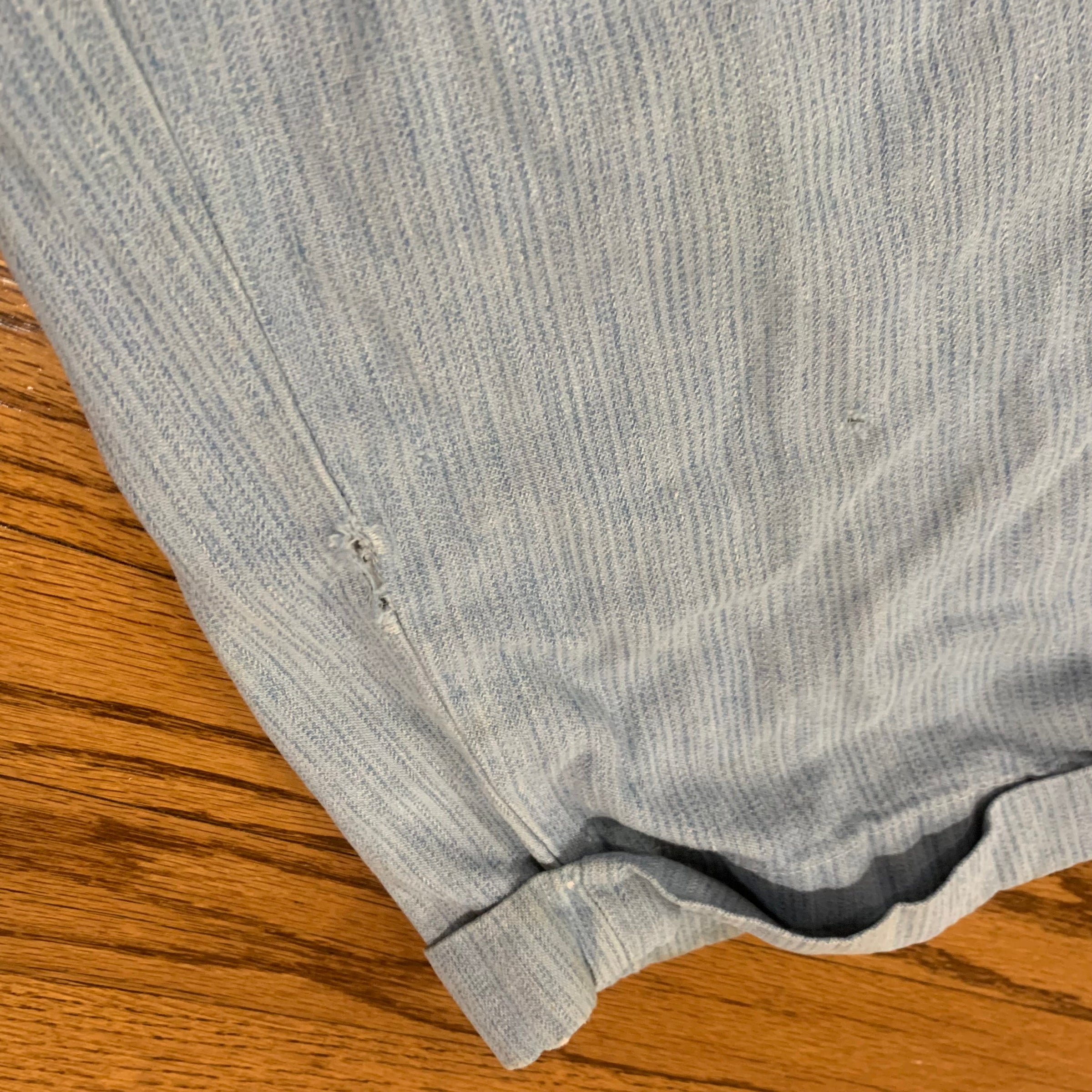 1940’s Light Blue Striped Cotton Buckleback Trousers 30” x 29”