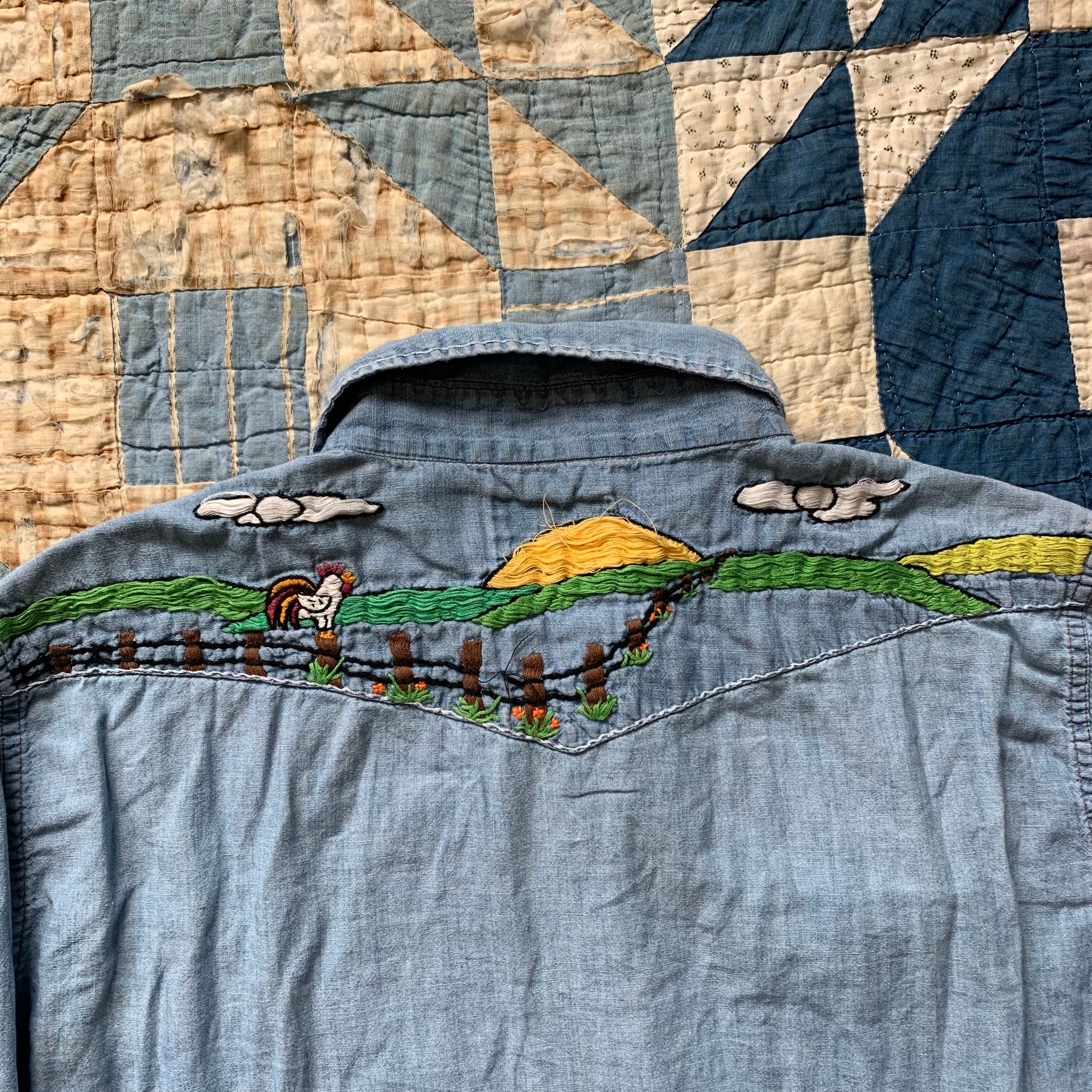 1960's/70's Wrangler Embroidered Chambray Pearl Snap Western Shirt Large